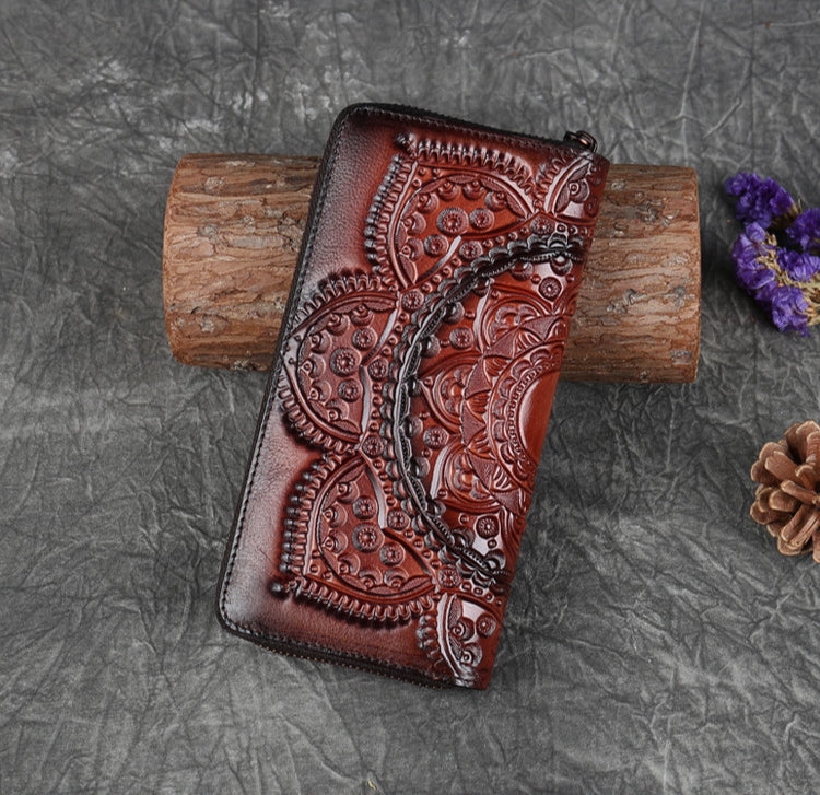 Genuine Cowhide Leather with Embossed Zipper Closure Wallet-Handbags, Wallets & Cases-Blue-Free Shipping Leatheretro