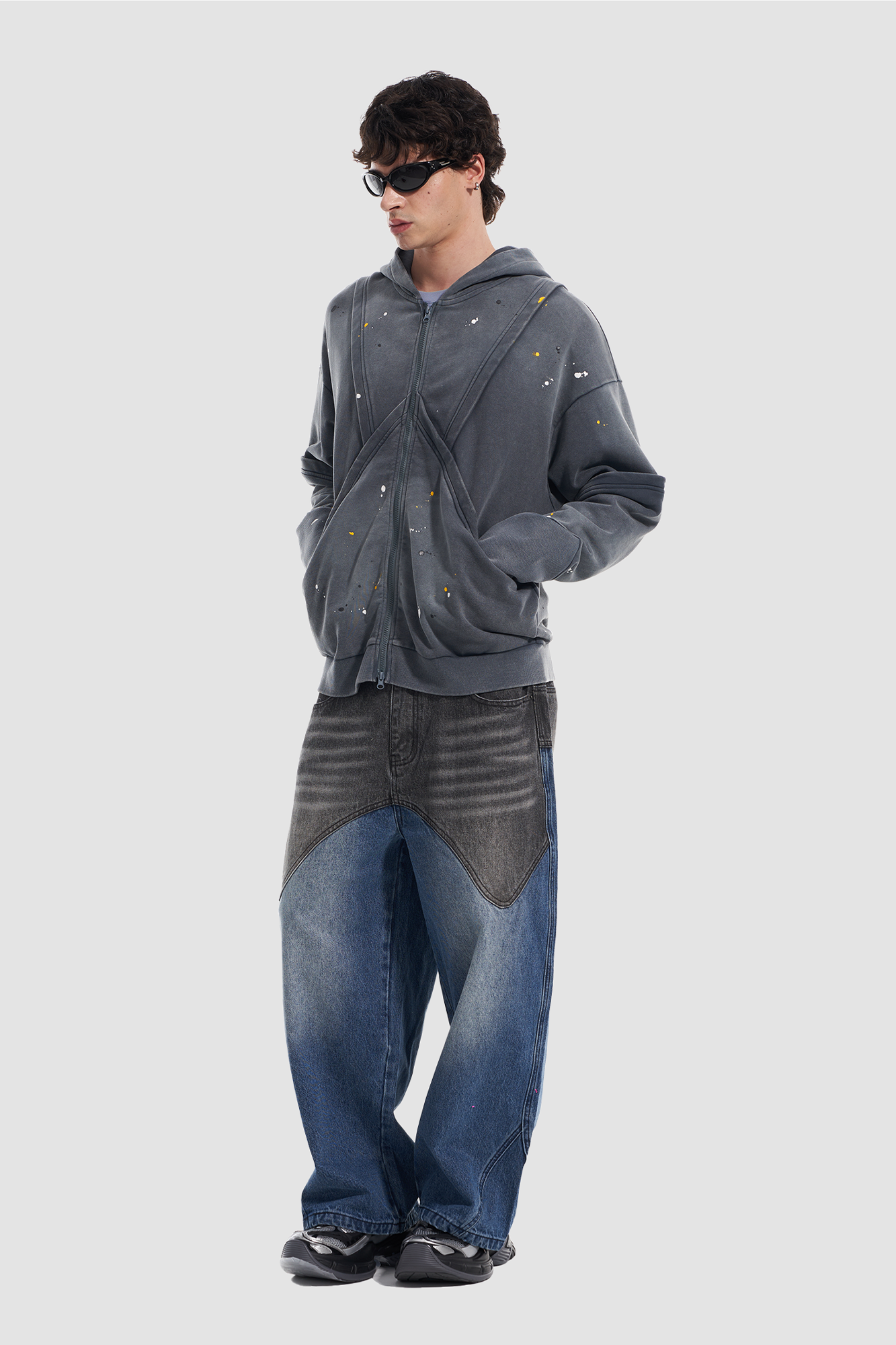 VANN VALRENCE Washed Paint-Splattered Paneled Zip Hoodie-Jacket-S-Blue-Free Shipping Leatheretro