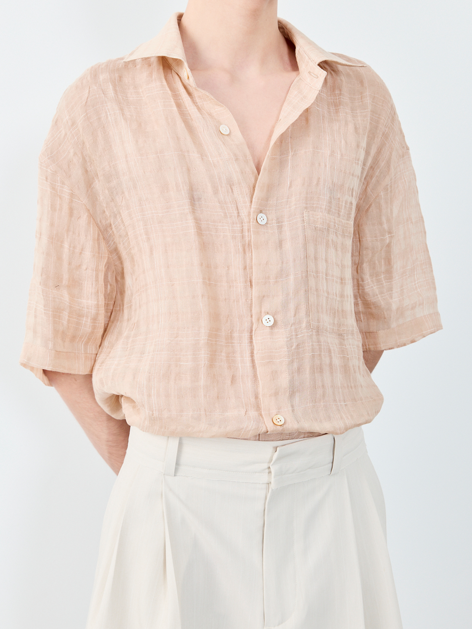 GRAINMUSTARD Linen-Cotton Plaid Half Shirt-Half shirt-XS-Green (S M for preorder)-Free Shipping Leatheretro