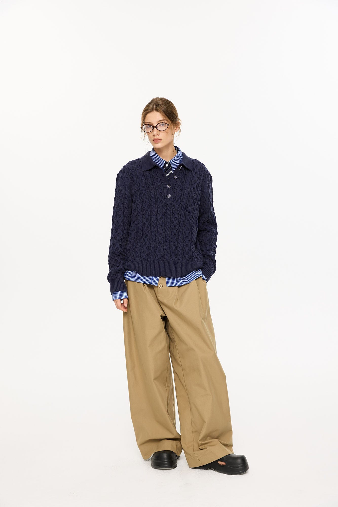 KREATE Cable Knit Polo Sweater-Sweater-S-Beige-Free Shipping Leatheretro