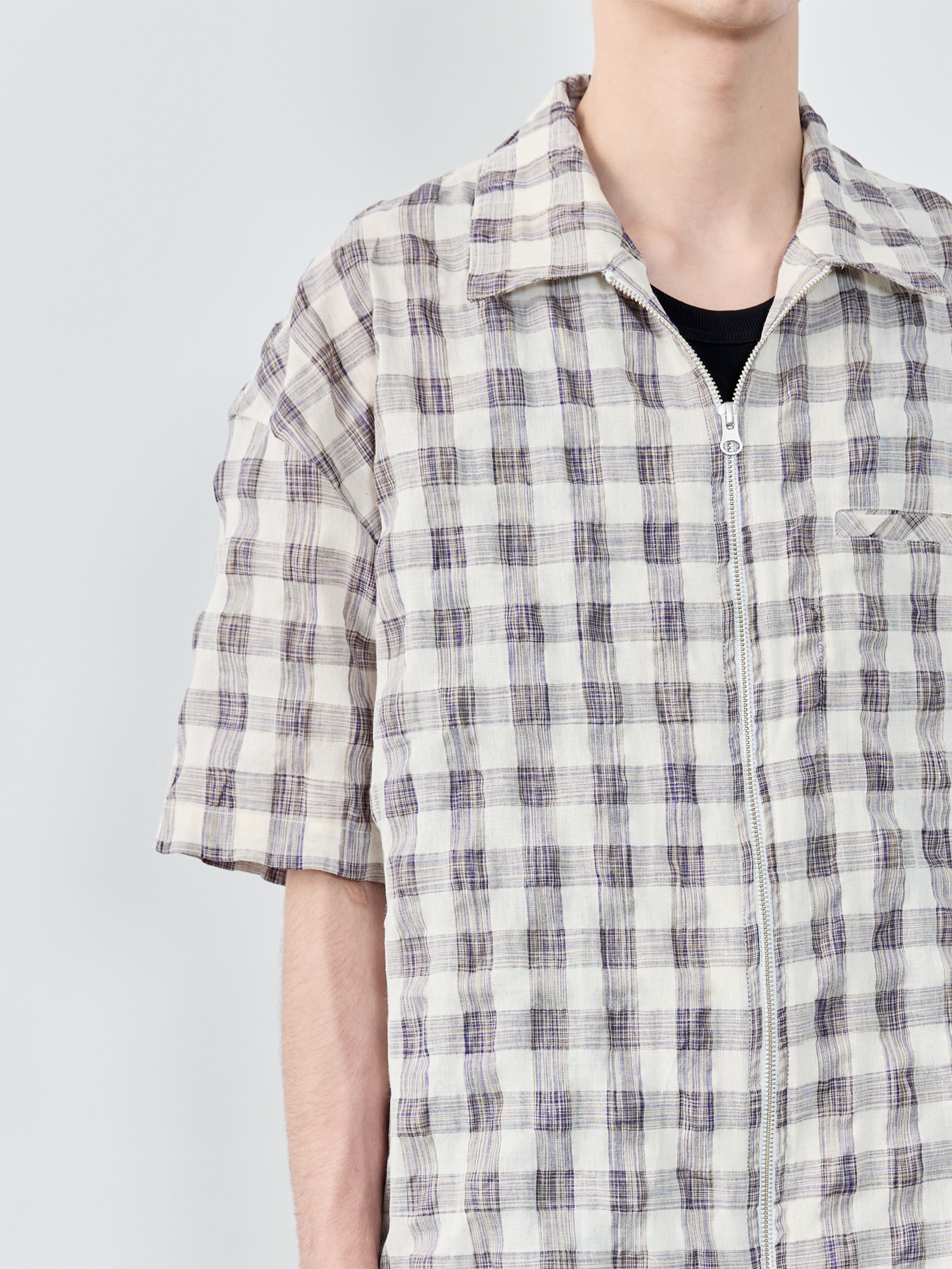 GRAINMUSTARD Retro Plaid Zip Half Shirt-Half shirt-XS-Free Shipping Leatheretro