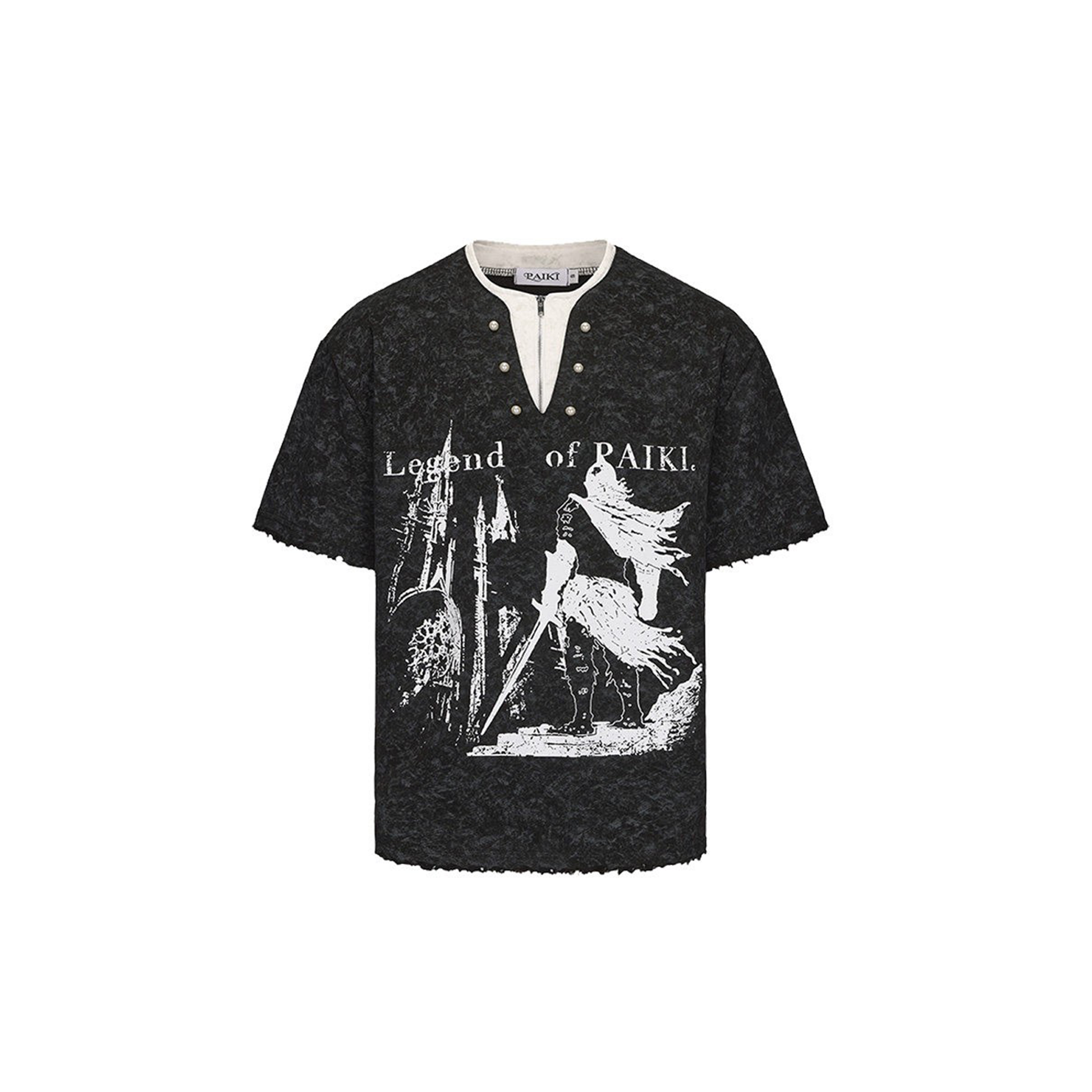 PAIKI Castle Graphic Henley Layered Tee-T Shirt-S-Black-Free Shipping Leatheretro