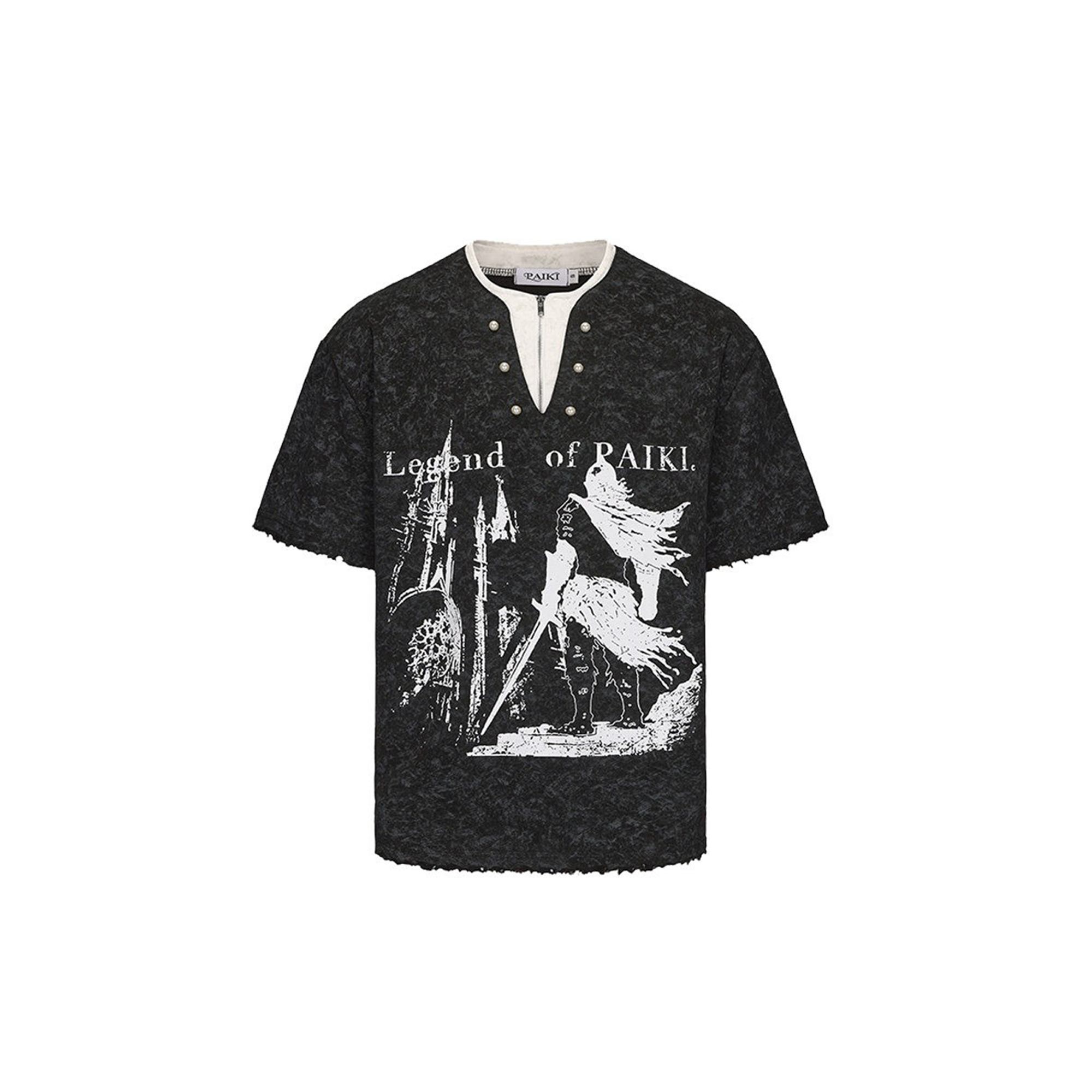 PAIKI Castle Graphic Henley Layered Tee-T Shirt-S-Black-Free Shipping Leatheretro