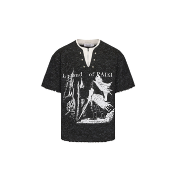 PAIKI Castle Graphic Henley Layered Tee-T Shirt-S-Black-Free Shipping Leatheretro