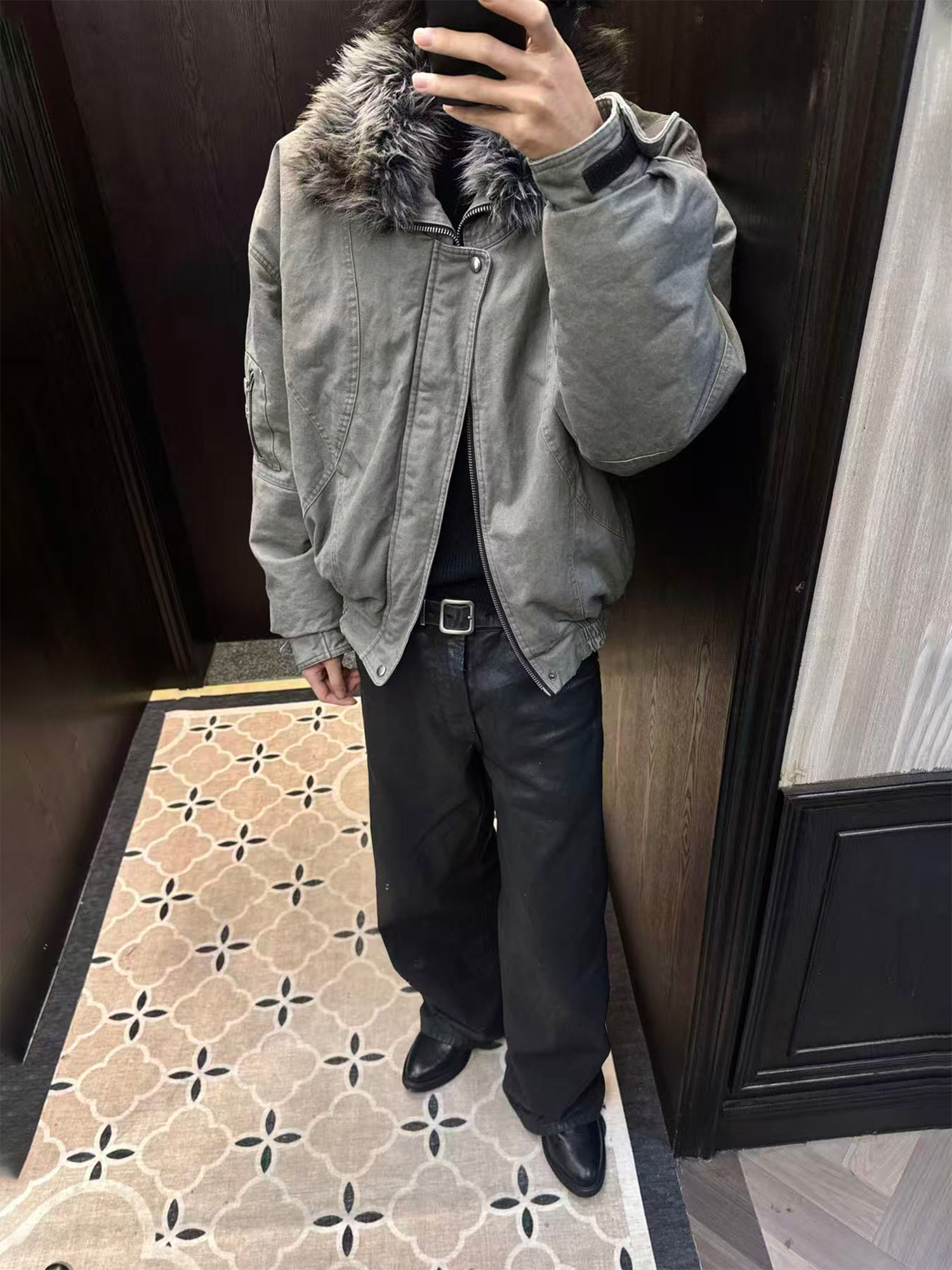 TRECLUB Faux-Fur Lining Washed Bomber Jacket-Jacket-S-Free Shipping Leatheretro