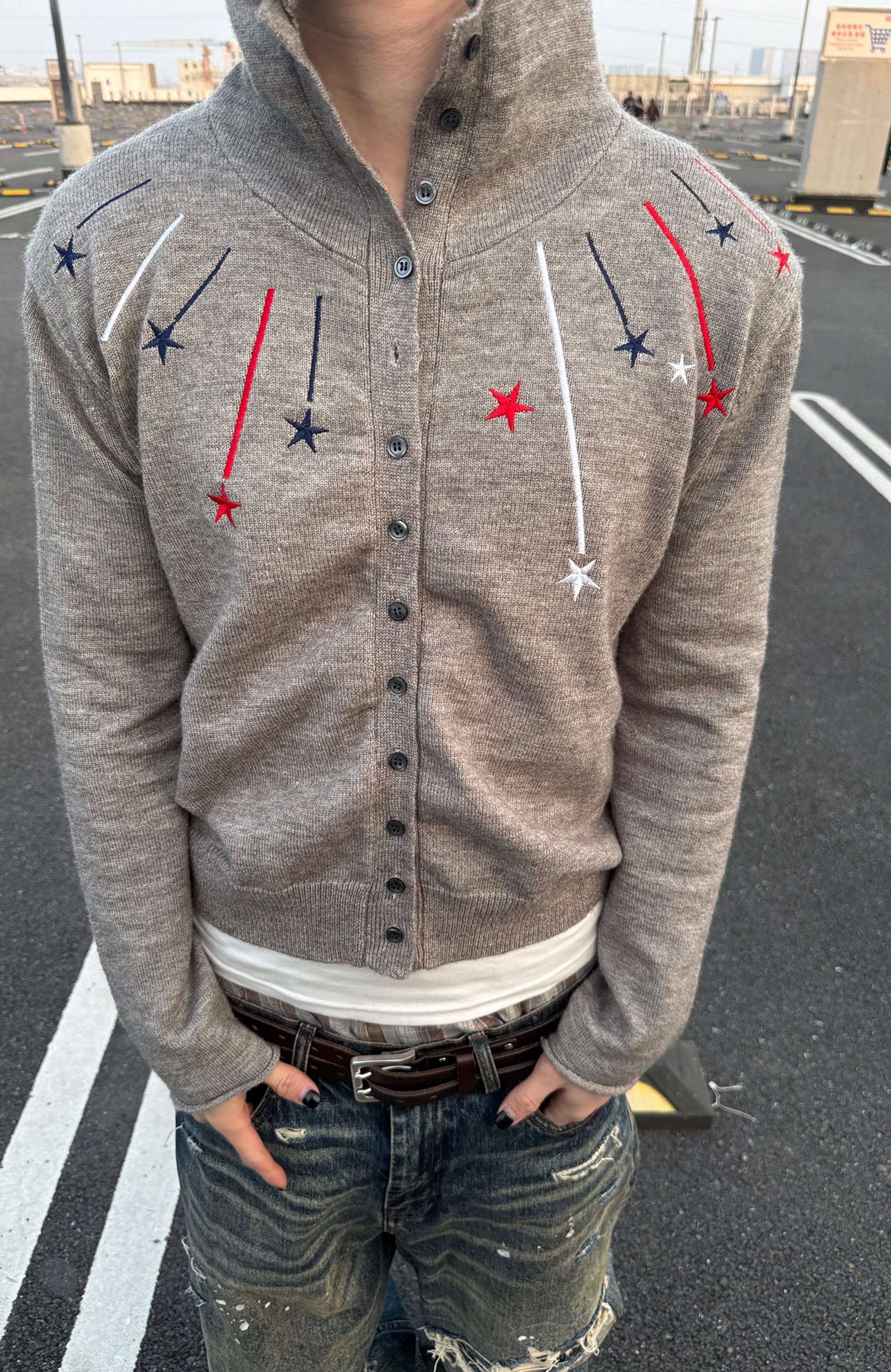 TRECLUB Star Embroidered Knit Hooded Cardigan-Jacket-S (Preorder)-Free Shipping Leatheretro