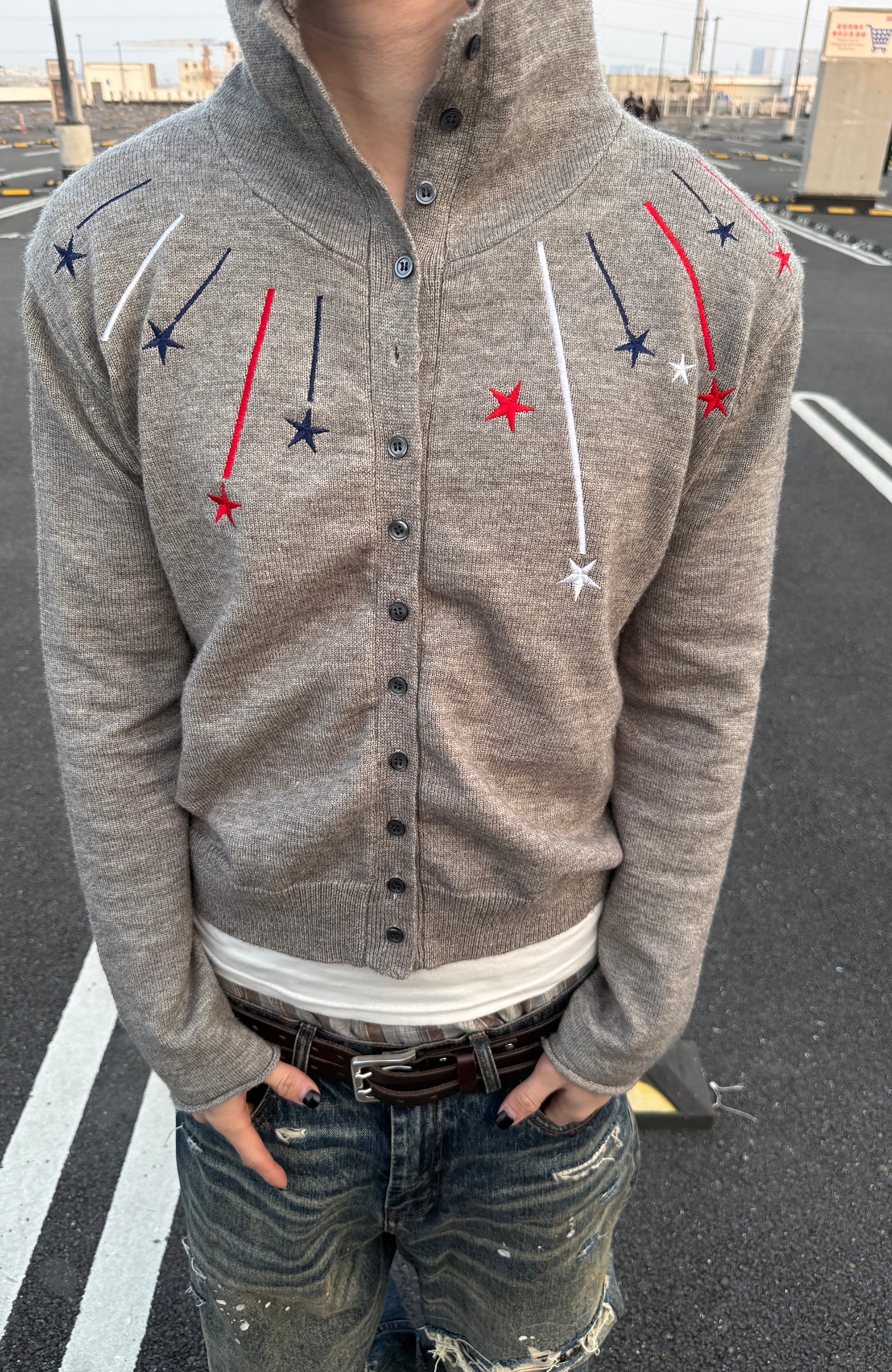 TRECLUB Star Embroidered Knit Hooded Cardigan-Jacket-S (Preorder)-Free Shipping Leatheretro