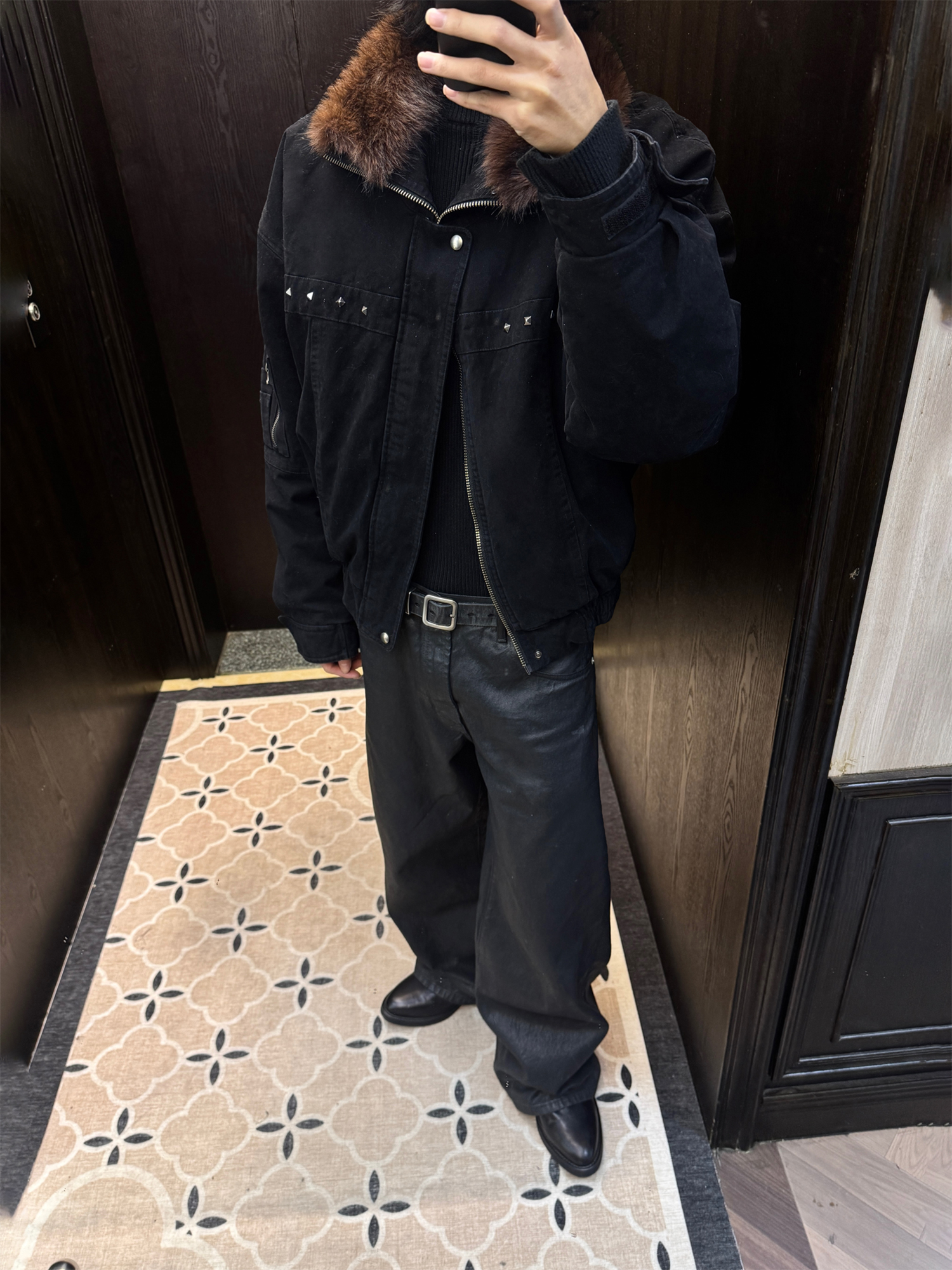 TRECLUB Studded Faux-Fur Collar Bomber Jacket-Jacket-S-Free Shipping Leatheretro