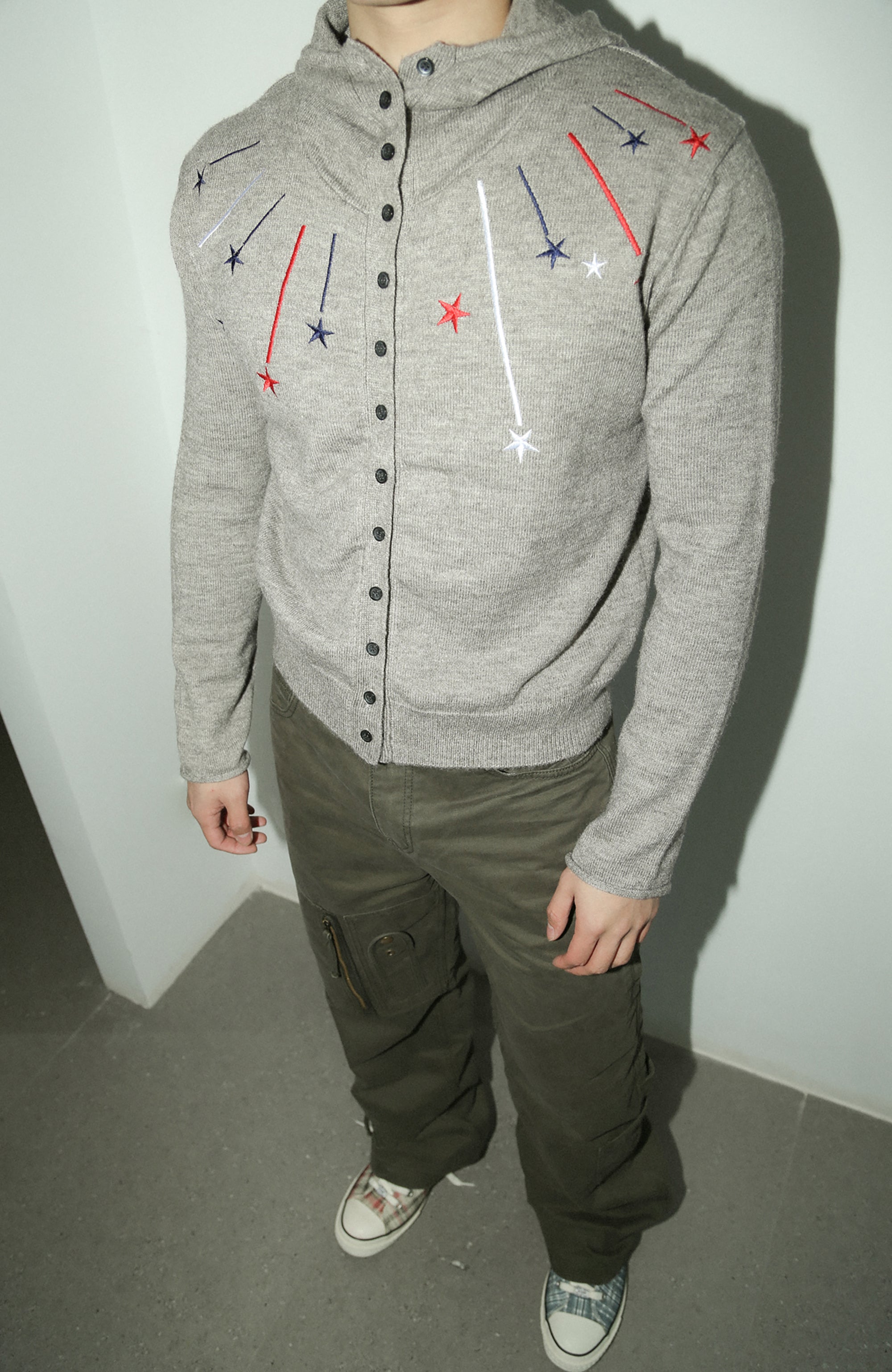 TRECLUB Star Embroidered Knit Hooded Cardigan-Jacket-S (Preorder)-Free Shipping Leatheretro