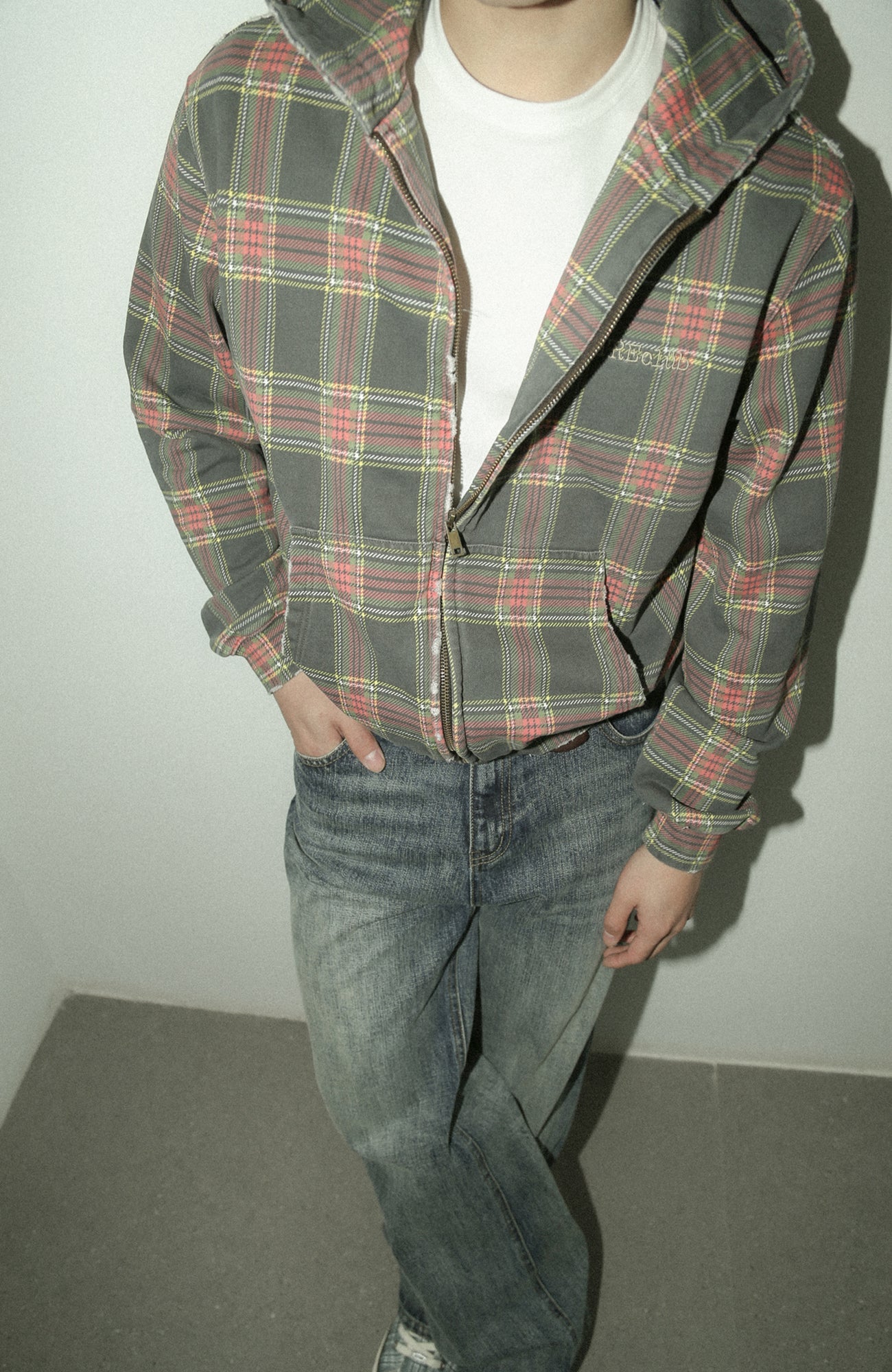 TRECLUB Distressed Plaid Zip-Up Hoodie-Jacket-S (Preorder)-Free Shipping Leatheretro