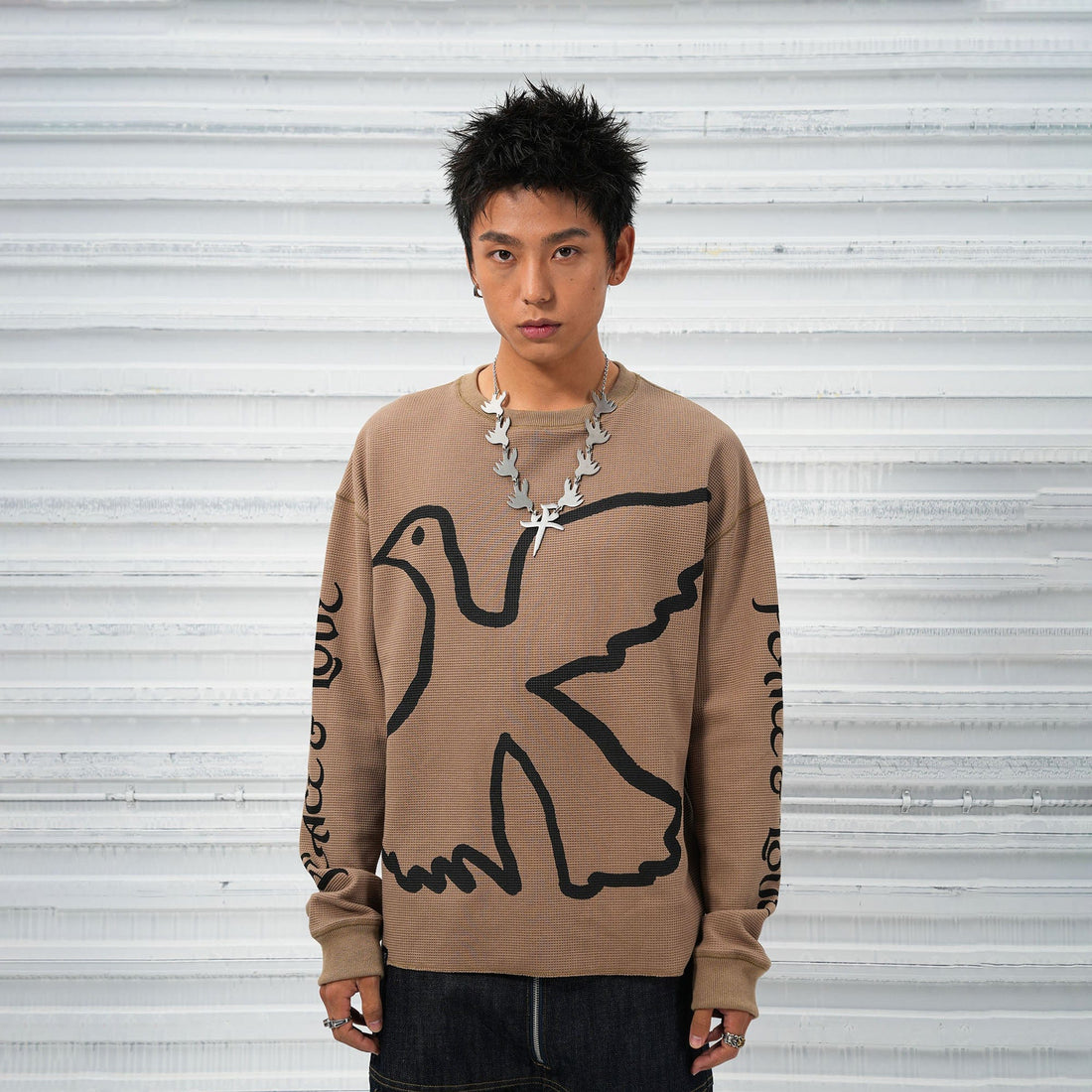 VINKID Pigeon Graphic Waffle Sweatshirt-T Shirt-S-Brown-Free Shipping Leatheretro