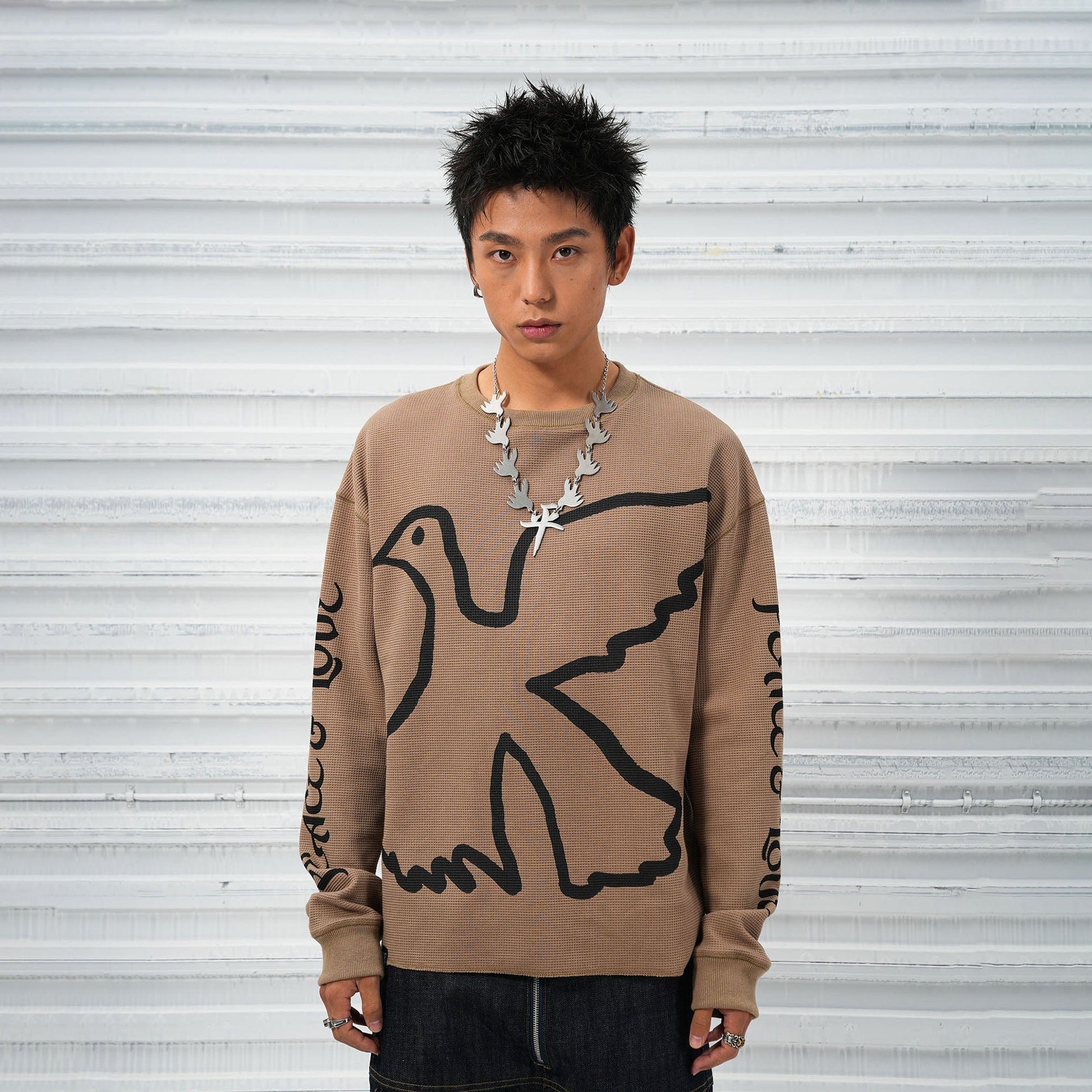 VINKID Pigeon Graphic Waffle Sweatshirt-T Shirt-S-Brown-Free Shipping Leatheretro
