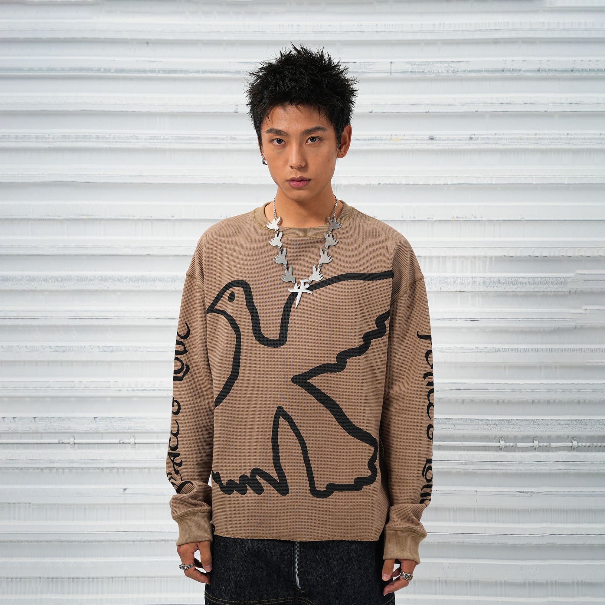 VINKID Pigeon Graphic Waffle Sweatshirt-T Shirt-S-Brown-Free Shipping Leatheretro