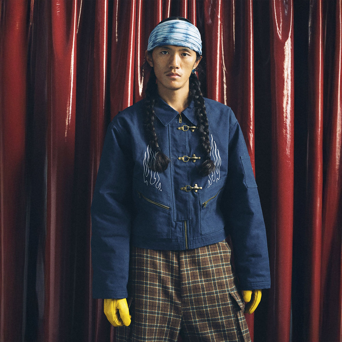 TRECLUB Flame Embroidered Hook Buckle Cropped Jacket-Jacket-S-Free Shipping Leatheretro