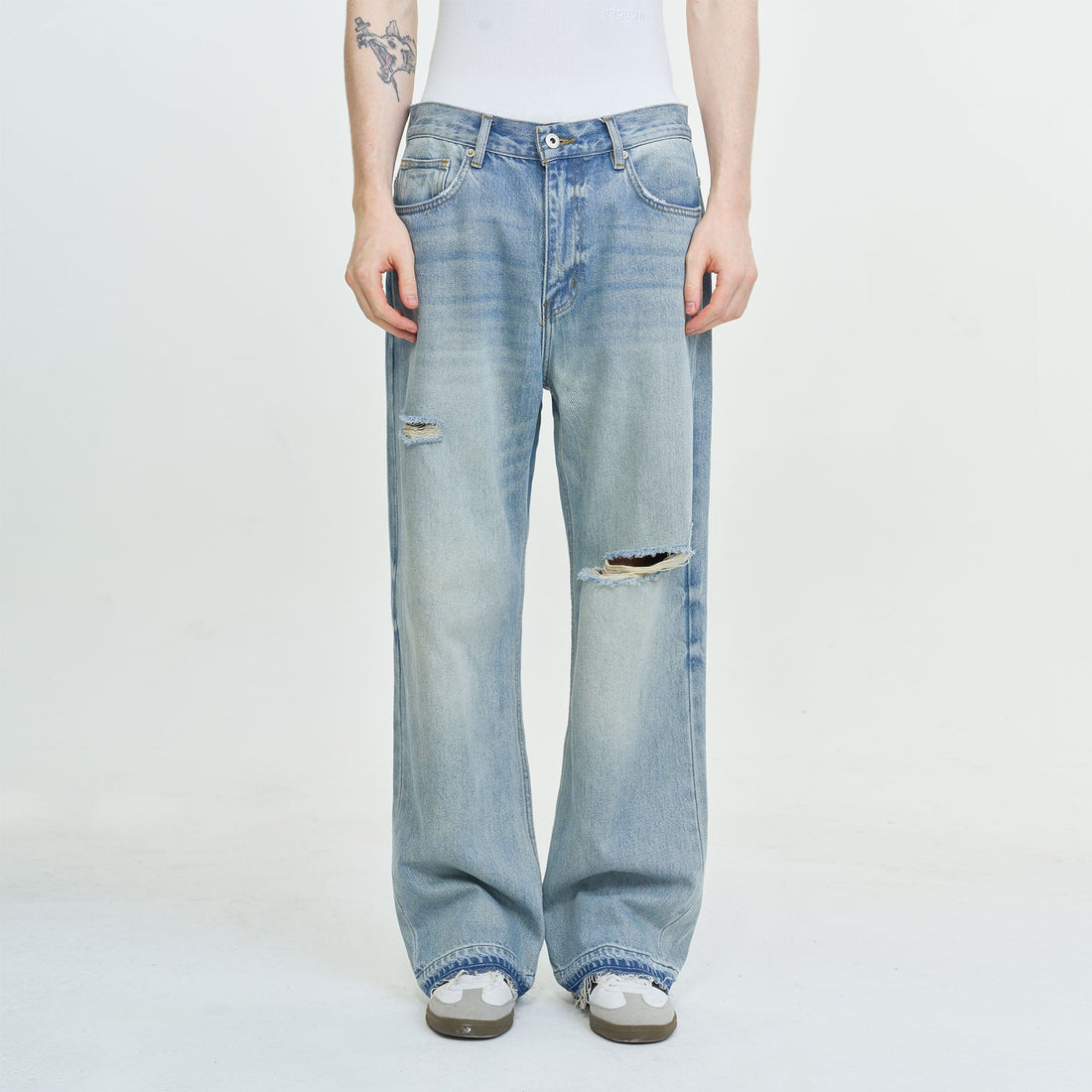 LEONSENSE Washed Ripped Frayed Straight-Leg Jeans-Jeans-XS-Free Shipping Leatheretro