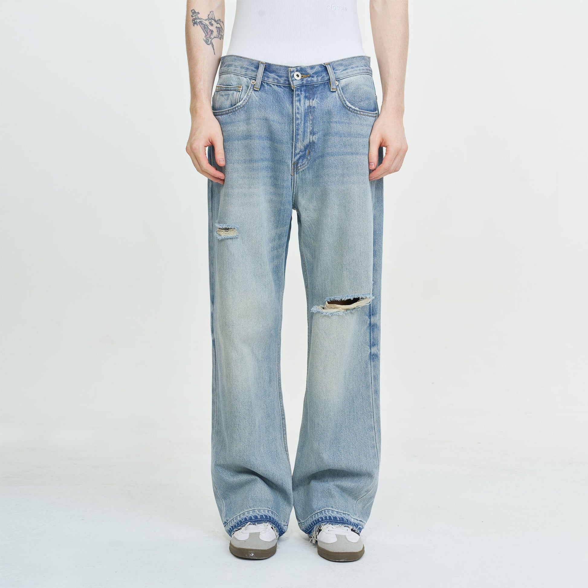 LEONSENSE Washed Ripped Frayed Straight-Leg Jeans-Jeans-XS-Free Shipping Leatheretro