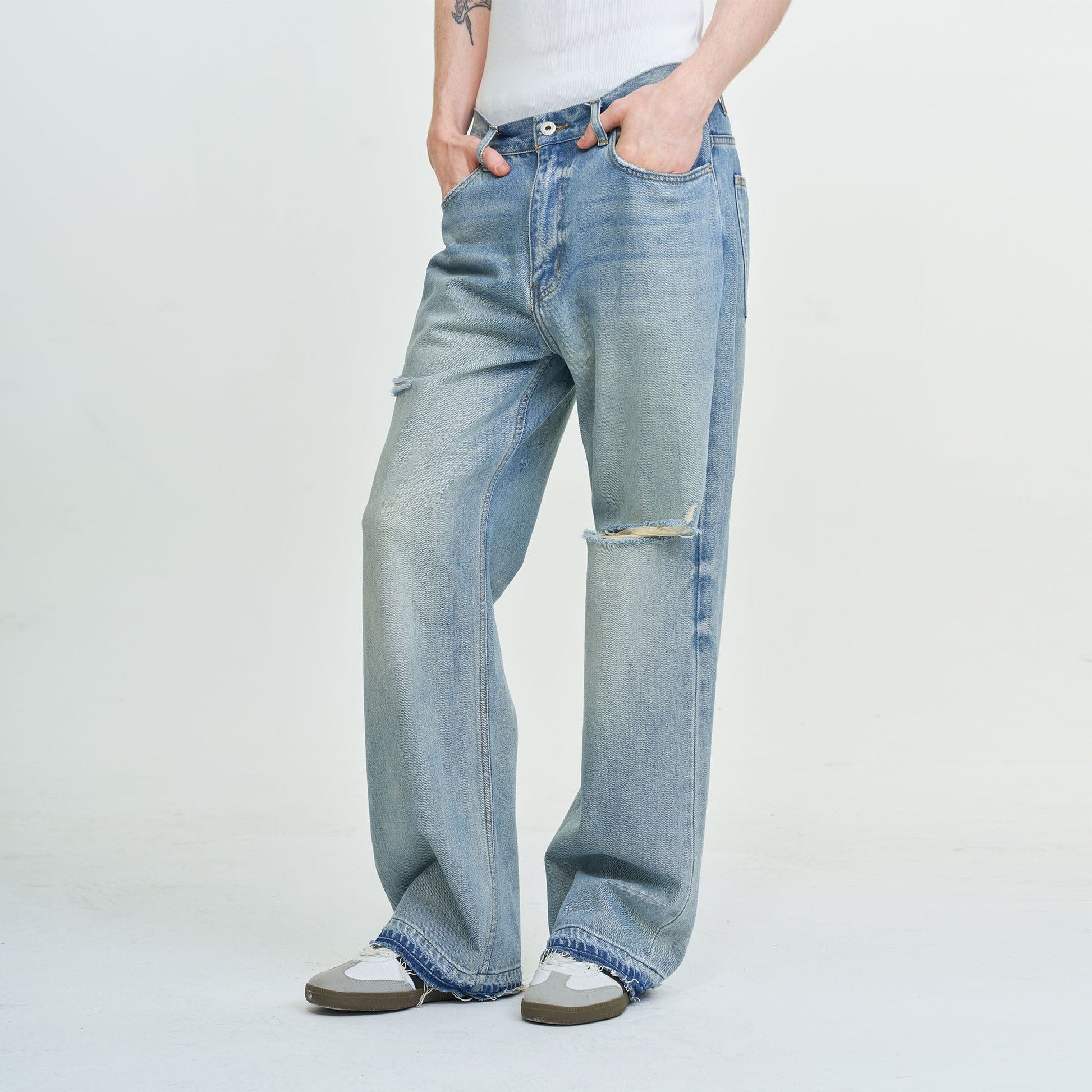 LEONSENSE Washed Ripped Frayed Straight-Leg Jeans-Jeans-XS-Free Shipping Leatheretro