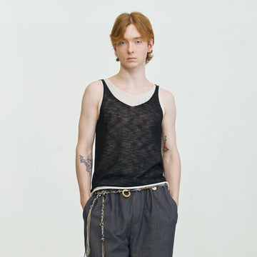 LEONSENSE Contrast Layered V-Neck Knit Tank Top-Tank Top-One Size-Black-Free Shipping Leatheretro