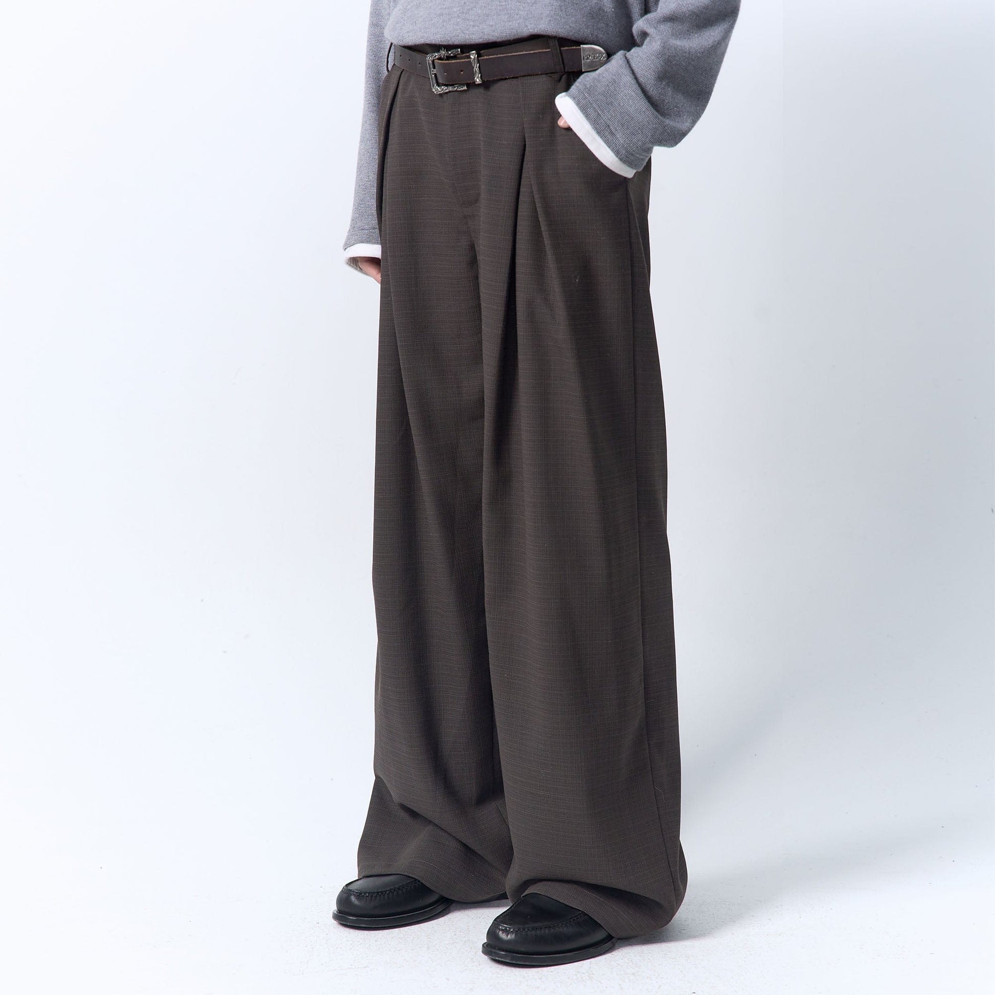 IN EXISTENCE Inverted Pleats Mini Check Wide-Leg Trousers-Pants-S-Dark Green-Free Shipping Leatheretro