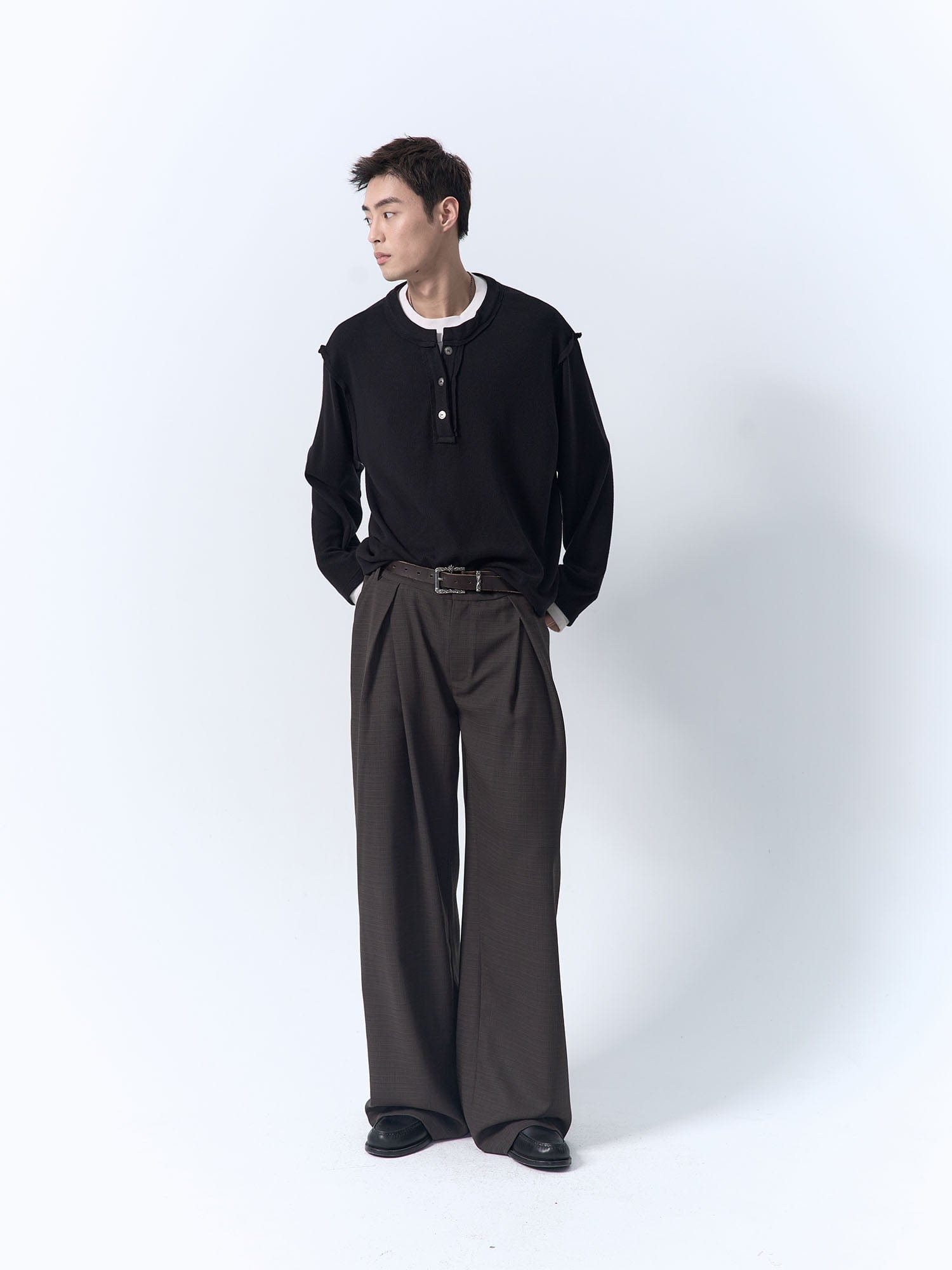 IN EXISTENCE Inverted Pleats Mini Check Wide-Leg Trousers-Pants-S-Dark Green-Free Shipping Leatheretro