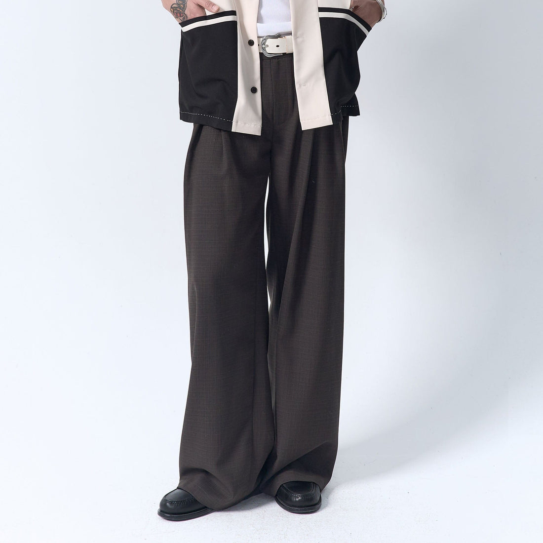 IN EXISTENCE Inverted Pleats Mini Check Wide-Leg Trousers-Pants-S-Dark Green-Free Shipping Leatheretro