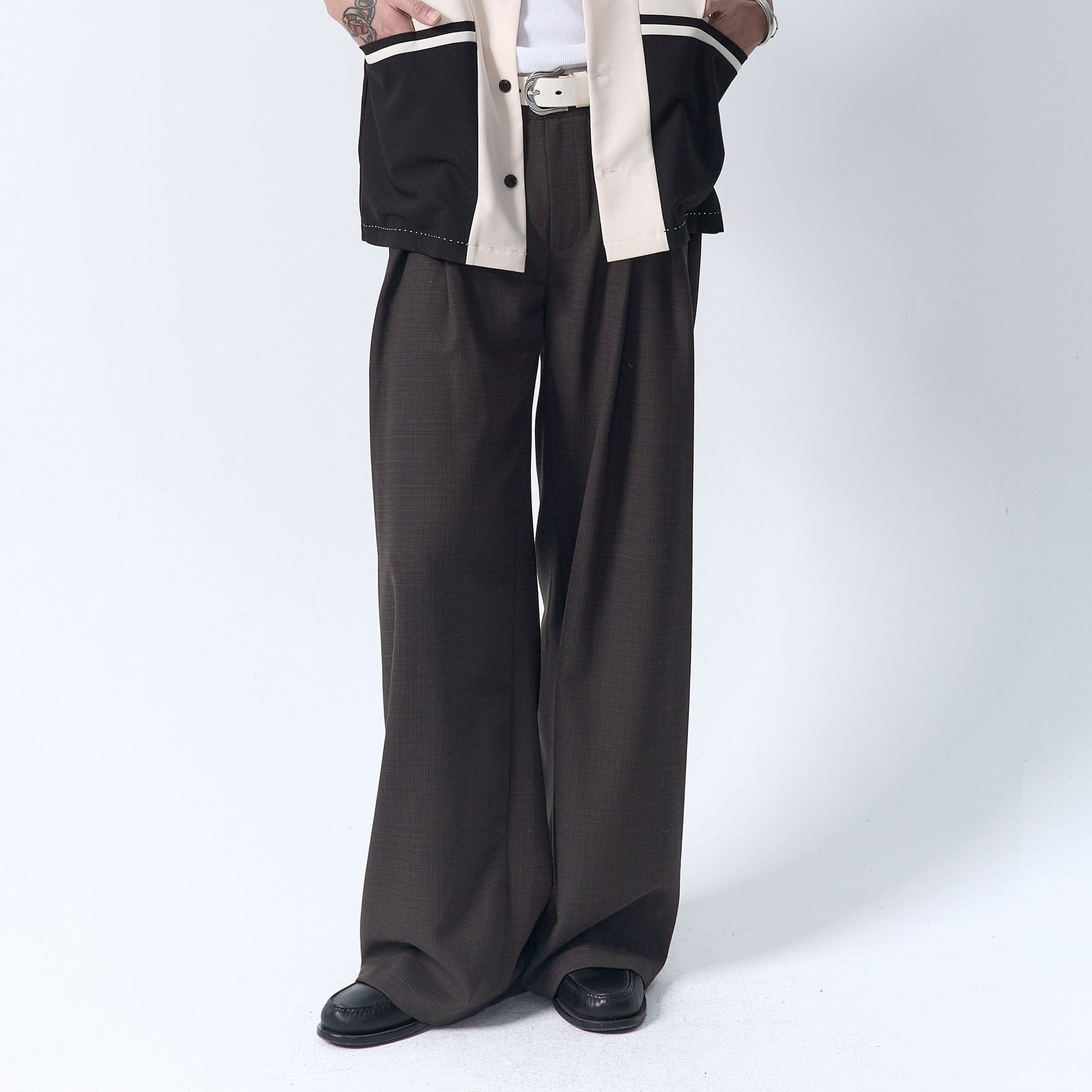 IN EXISTENCE Inverted Pleats Mini Check Wide-Leg Trousers-Pants-S-Brown-Free Shipping Leatheretro
