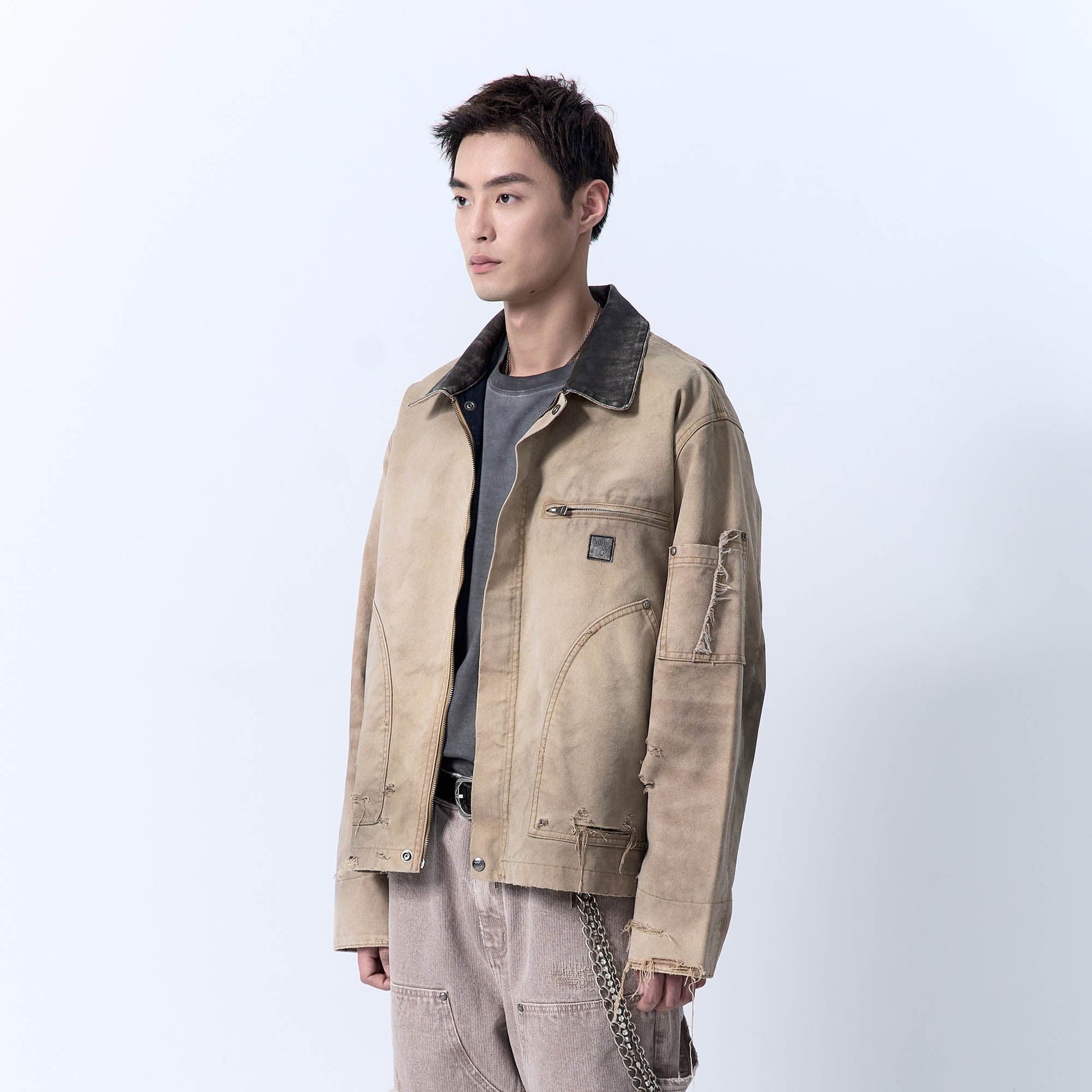 IN EXISTENCE Dirty-Washed Contrast Collar Detroit Jacket-Jacket-S-Khaki-Free Shipping Leatheretro