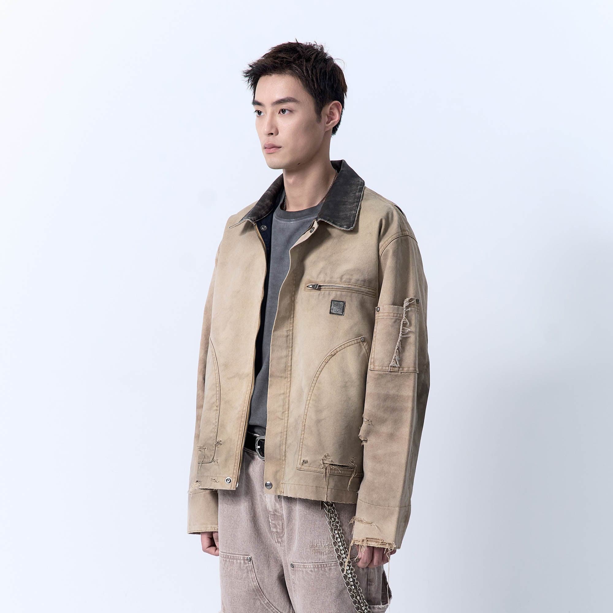 IN EXISTENCE Dirty-Washed Contrast Collar Detroit Jacket-Jacket-S-Khaki-Free Shipping Leatheretro