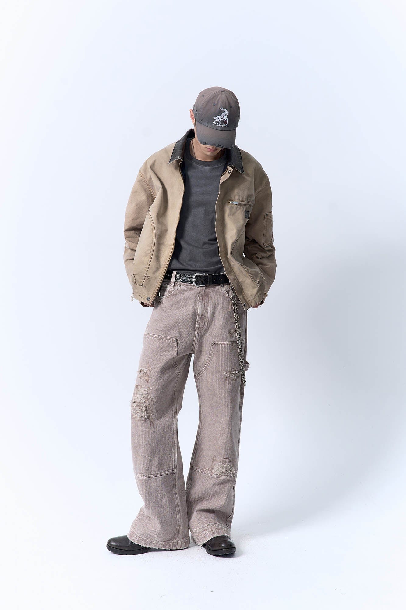 IN EXISTENCE Dirty-Washed Contrast Collar Detroit Jacket-Jacket-S-Khaki-Free Shipping Leatheretro