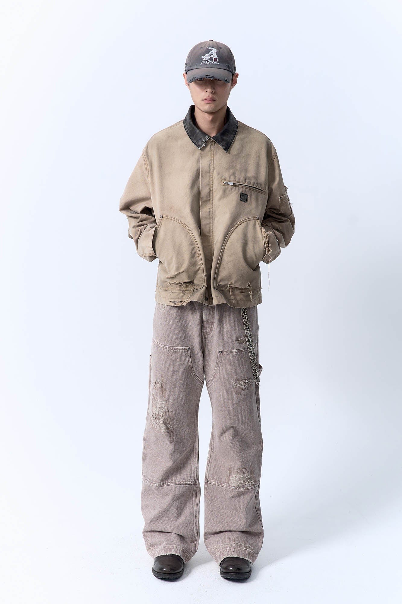 IN EXISTENCE Dirty-Washed Contrast Collar Detroit Jacket-Jacket-S-Khaki-Free Shipping Leatheretro
