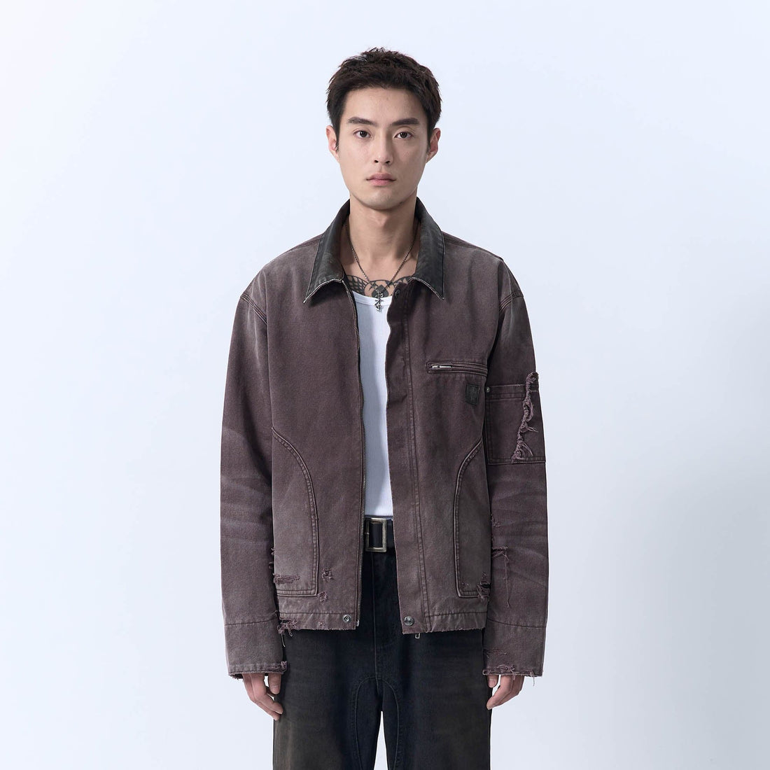 IN EXISTENCE Dirty-Washed Contrast Collar Detroit Jacket-Jacket-S-Khaki-Free Shipping Leatheretro