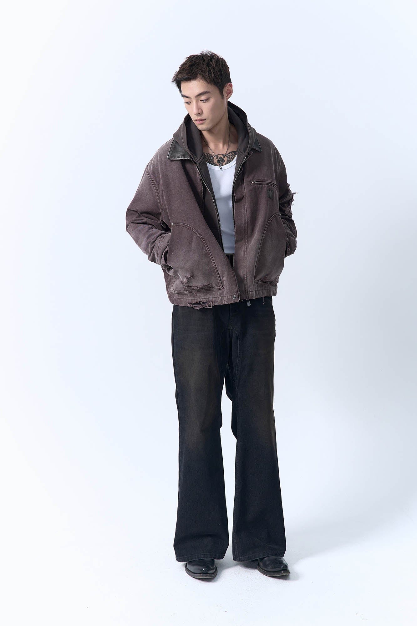 IN EXISTENCE Dirty-Washed Contrast Collar Detroit Jacket-Jacket-S-Khaki-Free Shipping Leatheretro