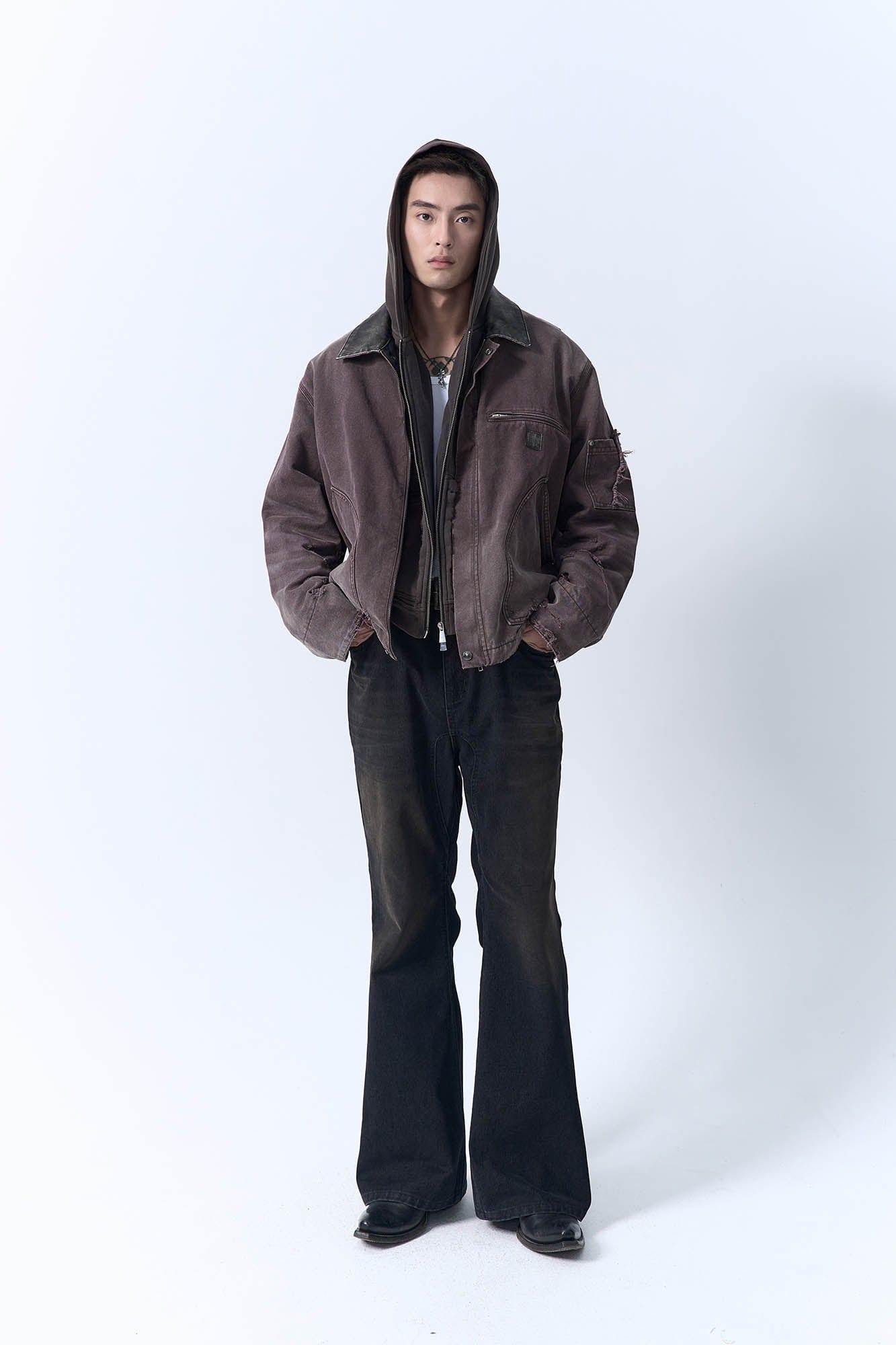 IN EXISTENCE Dirty-Washed Contrast Collar Detroit Jacket-Jacket-S-Khaki-Free Shipping Leatheretro