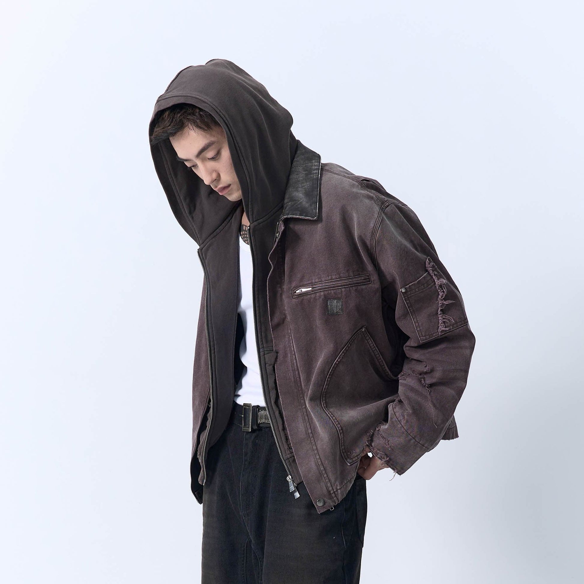 IN EXISTENCE Dirty-Washed Contrast Collar Detroit Jacket-Jacket-S-Khaki-Free Shipping Leatheretro