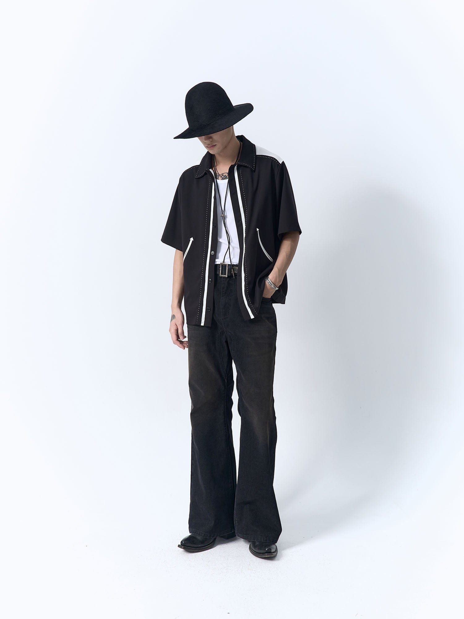 IN EXISTENCE Contrast-Panel Stitch Half Shirt-Half shirt-S-Free Shipping Leatheretro