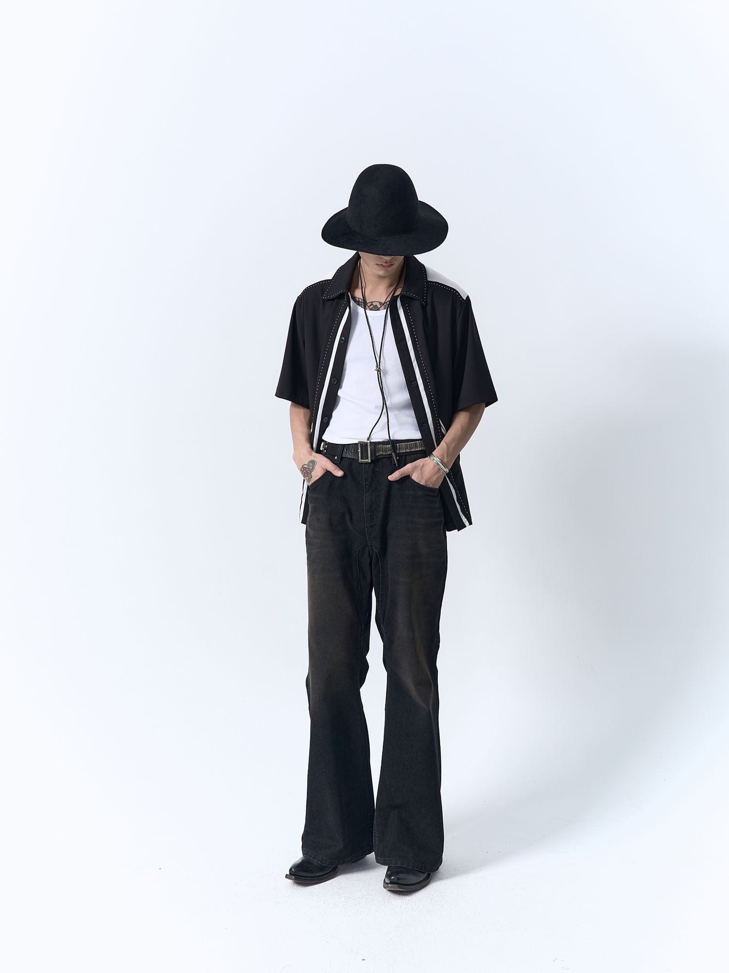 IN EXISTENCE Contrast-Panel Stitch Half Shirt-Half shirt-S-Free Shipping Leatheretro