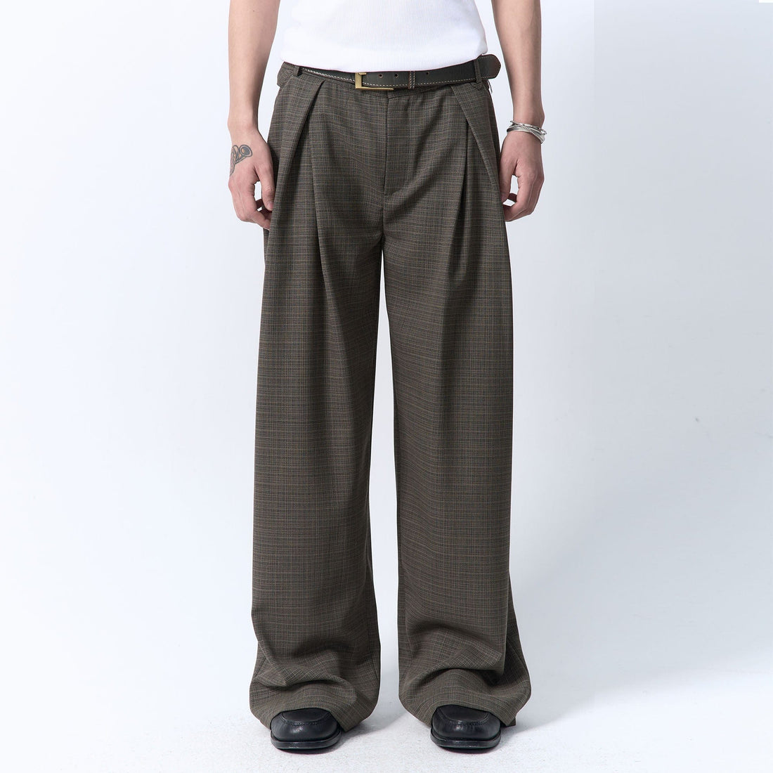 IN EXISTENCE Inverted Pleats Mini Check Wide-Leg Trousers-Pants-S-Dark Green-Free Shipping Leatheretro