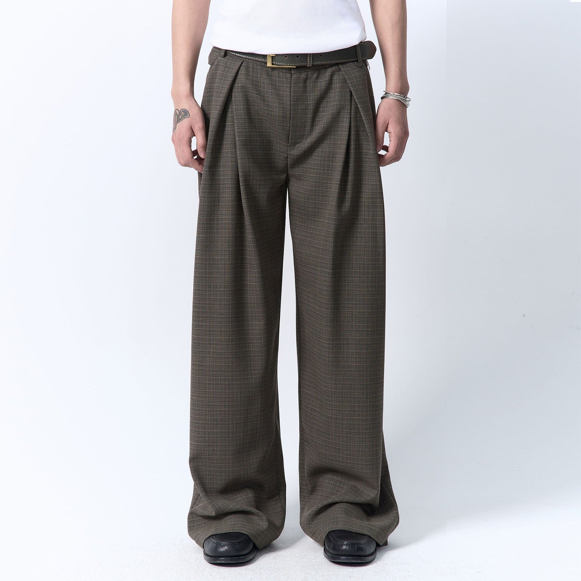 IN EXISTENCE Inverted Pleats Mini Check Wide-Leg Trousers-Pants-S-Dark Green-Free Shipping Leatheretro
