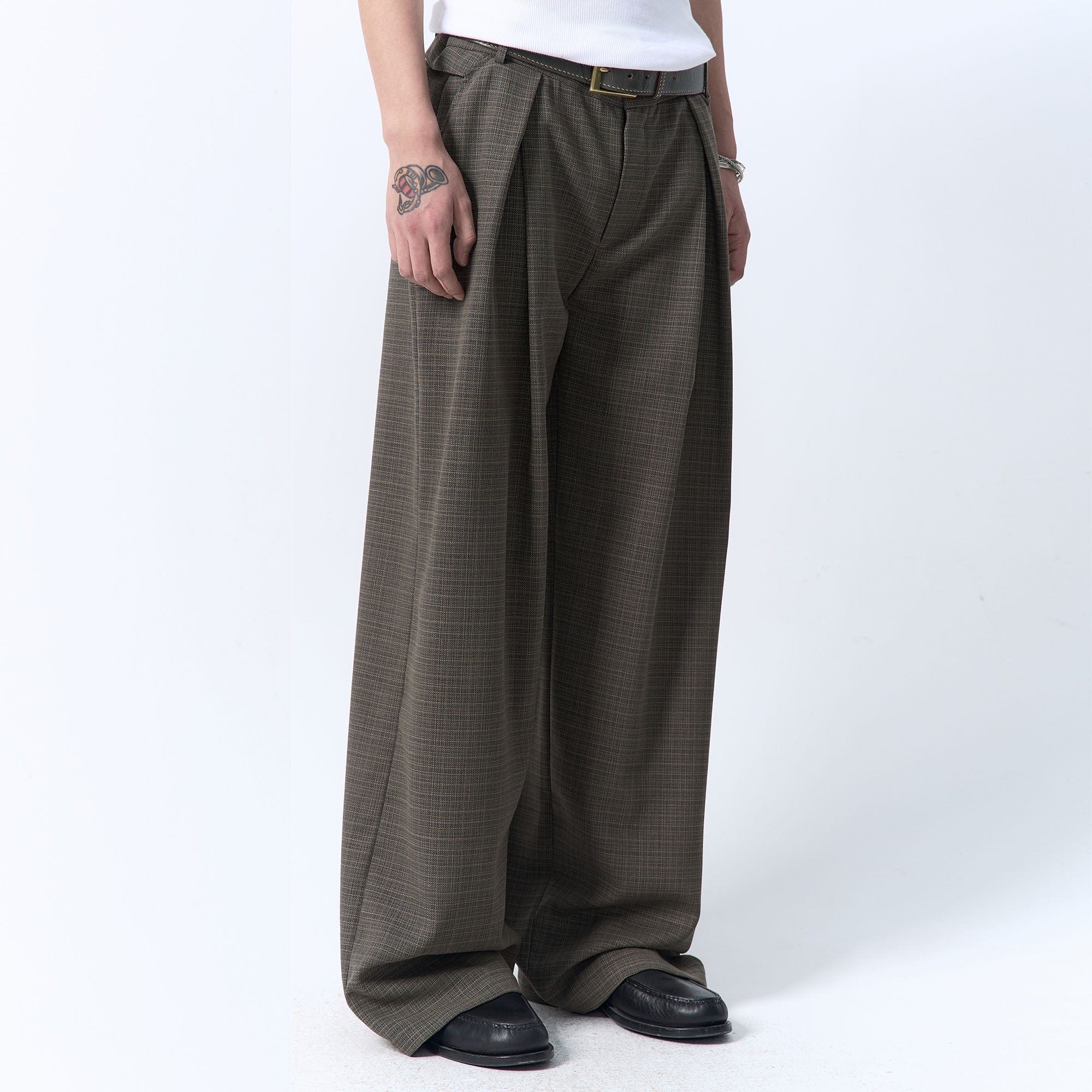 IN EXISTENCE Inverted Pleats Mini Check Wide-Leg Trousers-Pants-S-Dark Green-Free Shipping Leatheretro