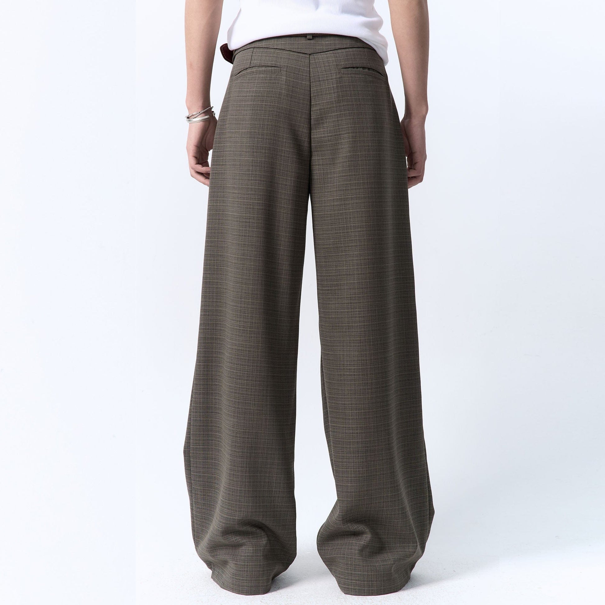 IN EXISTENCE Inverted Pleats Mini Check Wide-Leg Trousers-Pants-S-Dark Green-Free Shipping Leatheretro