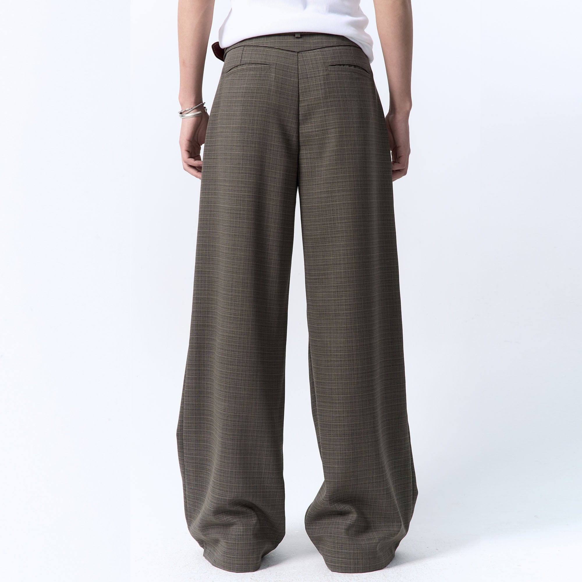 IN EXISTENCE Inverted Pleats Mini Check Wide-Leg Trousers-Pants-S-Dark Green-Free Shipping Leatheretro