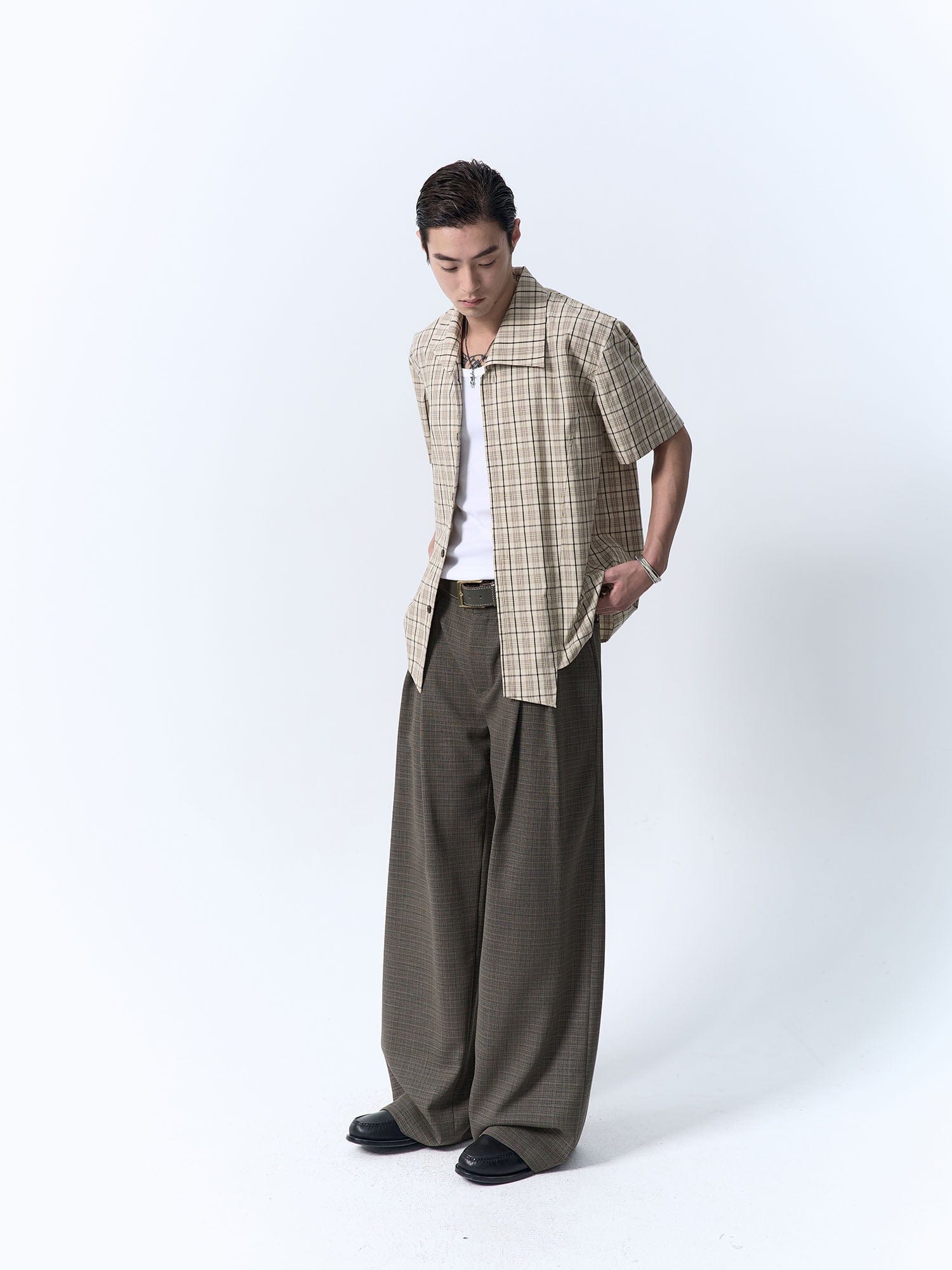 IN EXISTENCE Inverted Pleats Mini Check Wide-Leg Trousers-Pants-S-Dark Green-Free Shipping Leatheretro