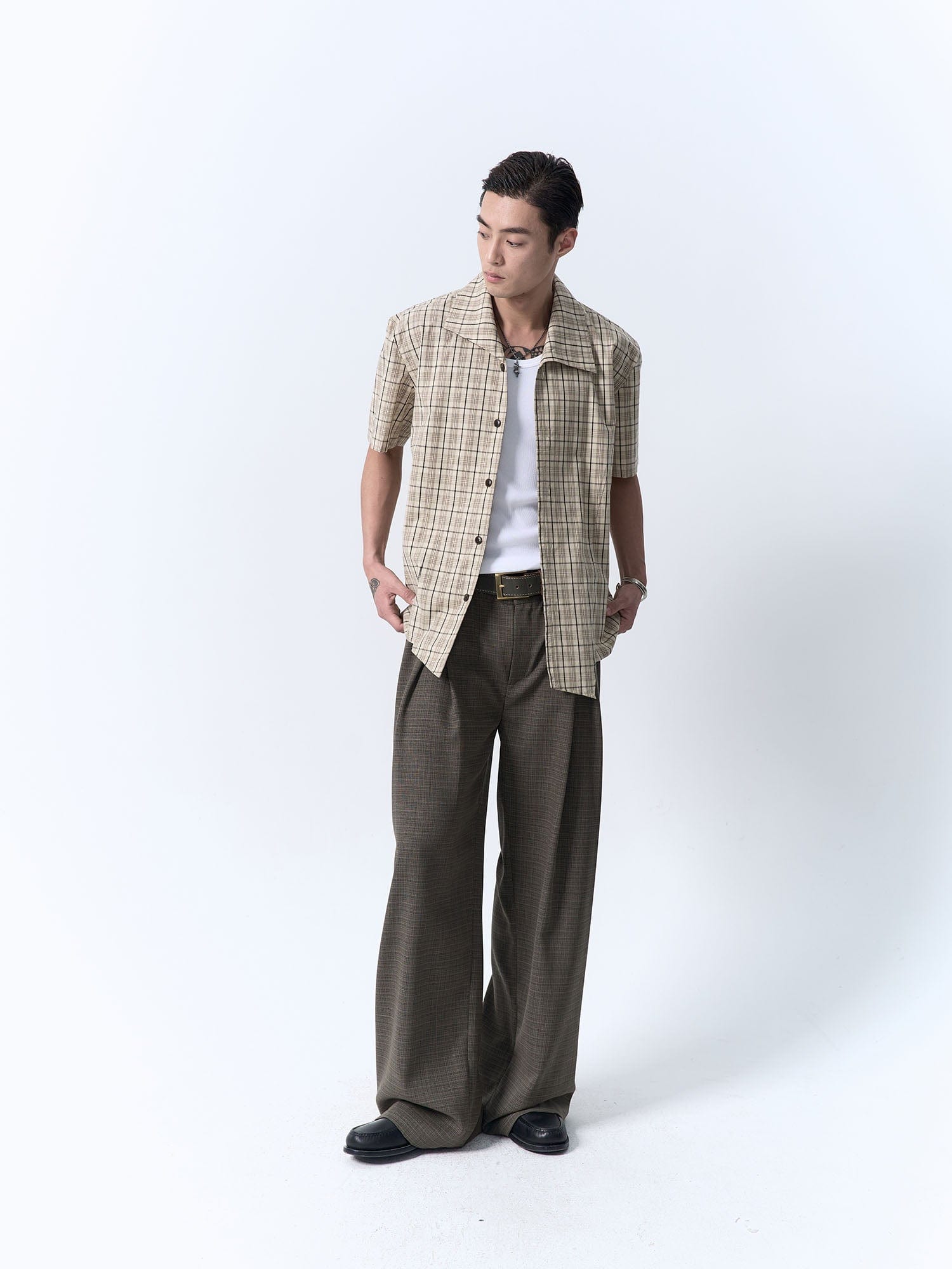 IN EXISTENCE Inverted Pleats Mini Check Wide-Leg Trousers-Pants-S-Dark Green-Free Shipping Leatheretro