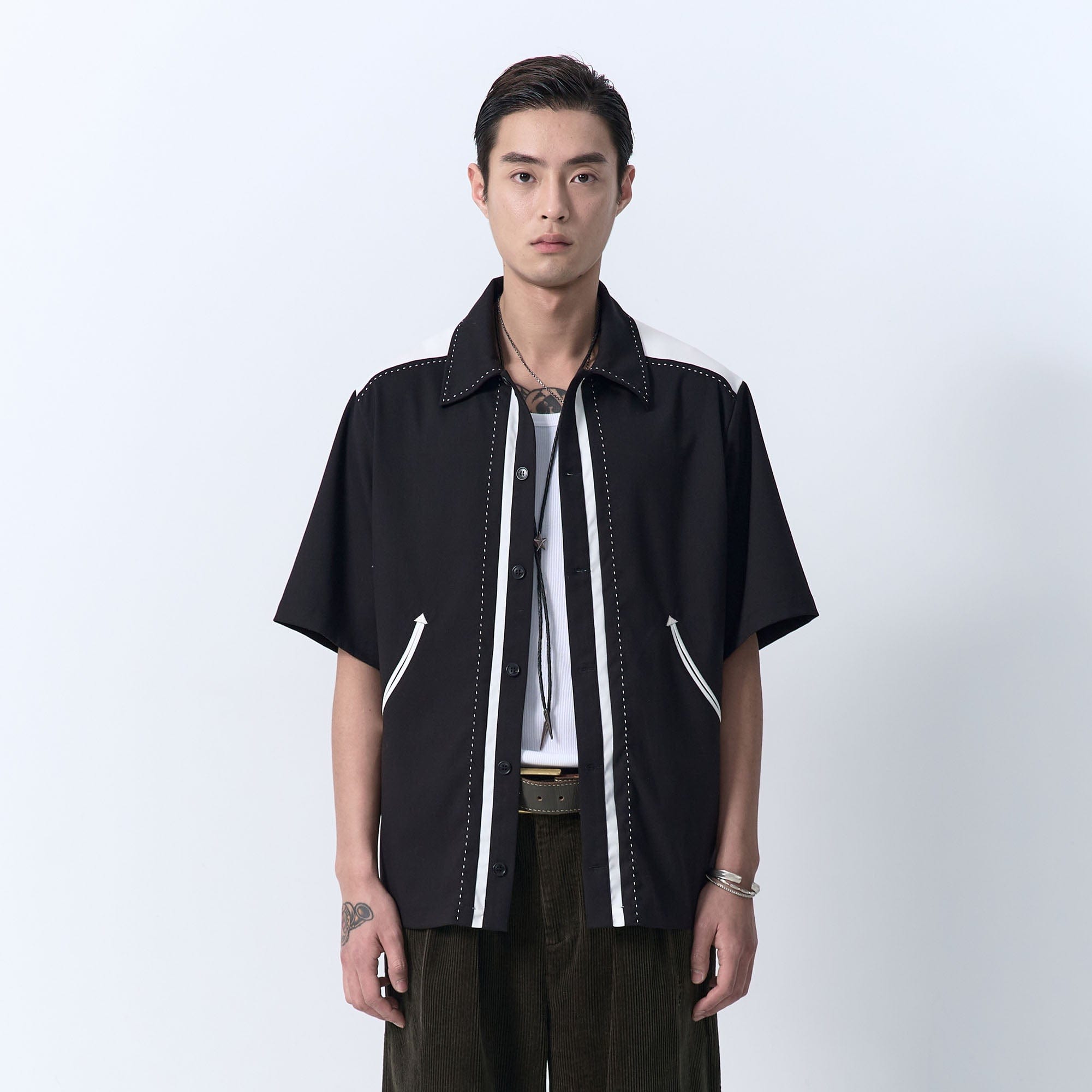 IN EXISTENCE Contrast-Panel Stitch Half Shirt-Half shirt-S-Free Shipping Leatheretro