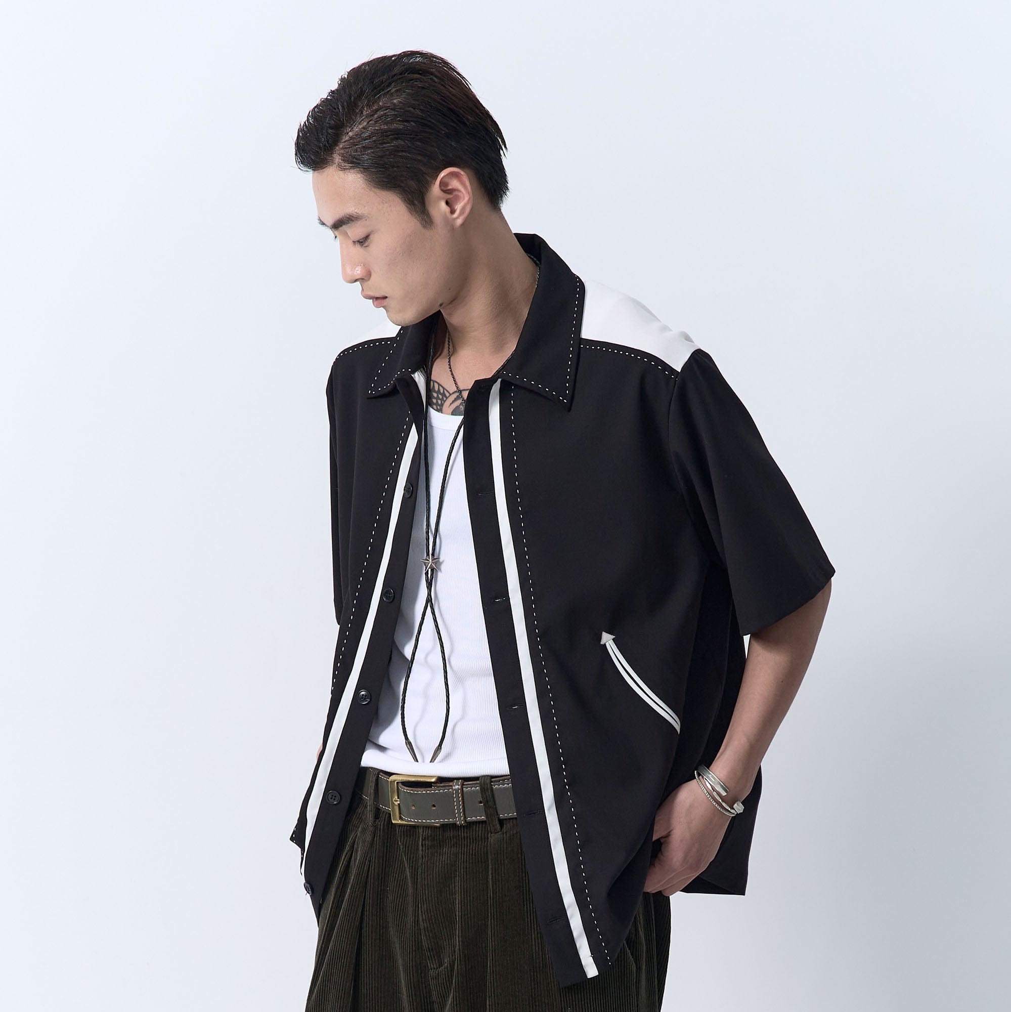 IN EXISTENCE Contrast-Panel Stitch Half Shirt-Half shirt-S-Free Shipping Leatheretro