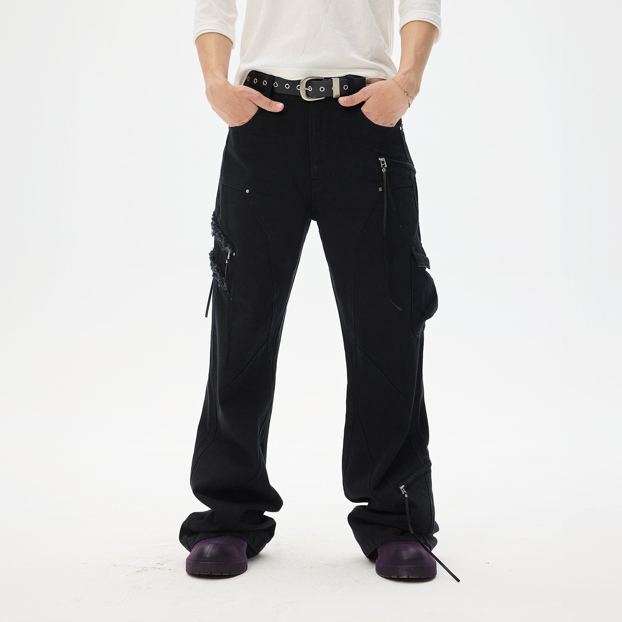 WHISTLEHUNTER Asymmetrical Zipper Frayed Flared Pants-Pants-S-Free Shipping Leatheretro