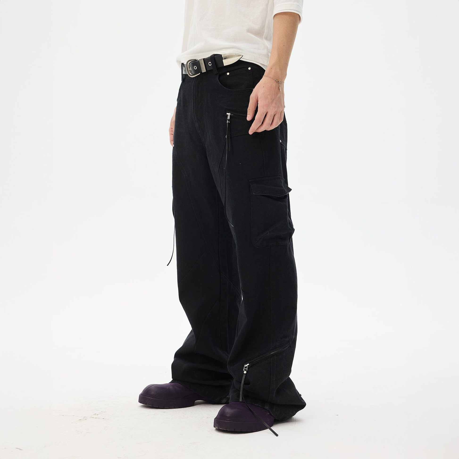 WHISTLEHUNTER Asymmetrical Zipper Frayed Flared Pants-Pants-S-Free Shipping Leatheretro