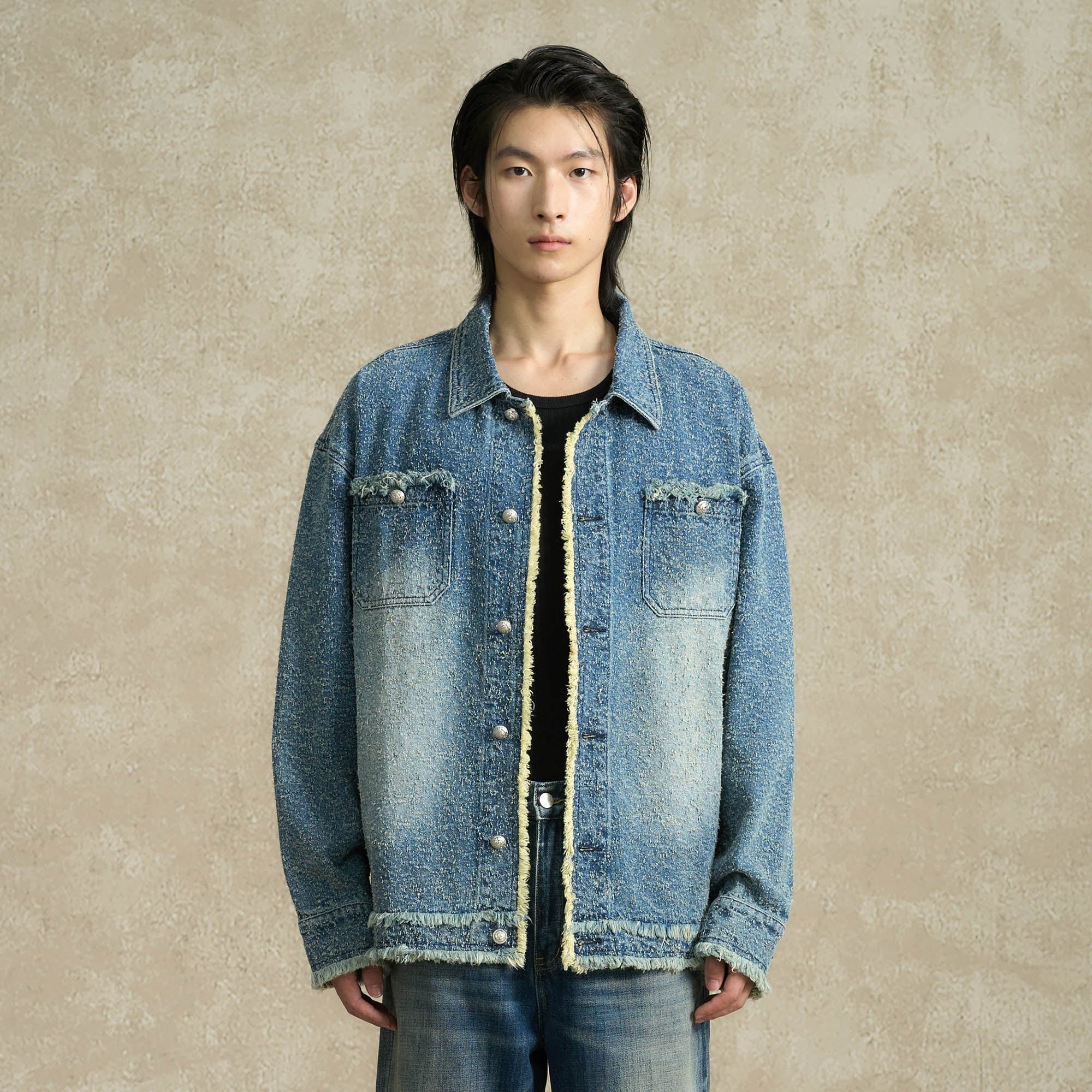 BONELESS Washed Frayed Edge Denim Jacket-Jacket-S-Free Shipping Leatheretro