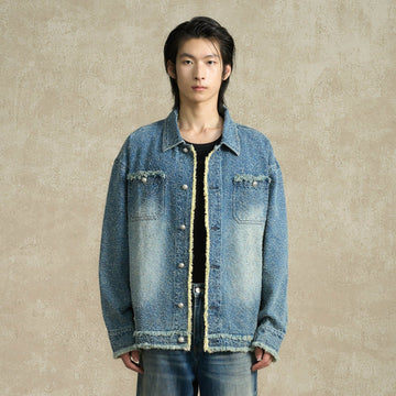 BONELESS Washed Frayed Edge Denim Jacket-Jacket-S-Free Shipping Leatheretro