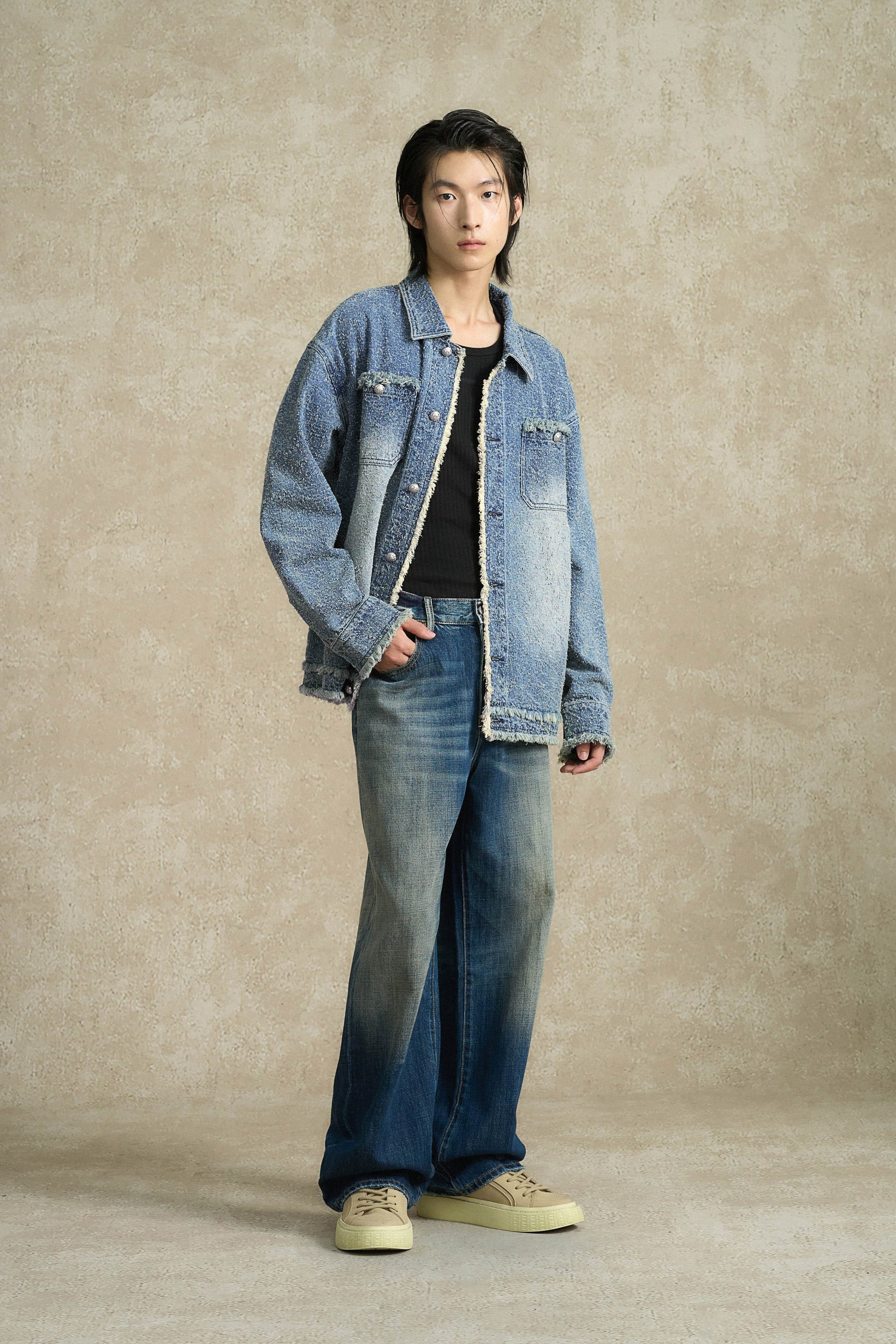 BONELESS Washed Frayed Edge Denim Jacket-Jacket-S-Free Shipping Leatheretro